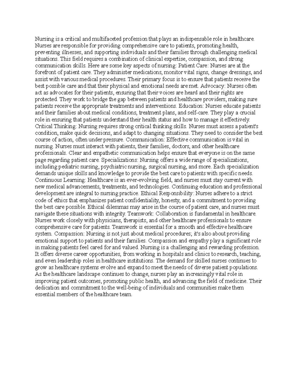 nursing as a noble profession essay 250 words