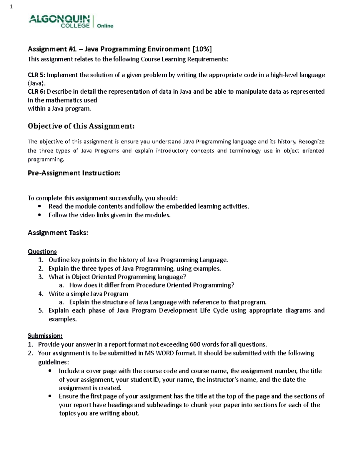 CST8116 - Assignment #1 - Assignment #1 – Java Programming Environment ...