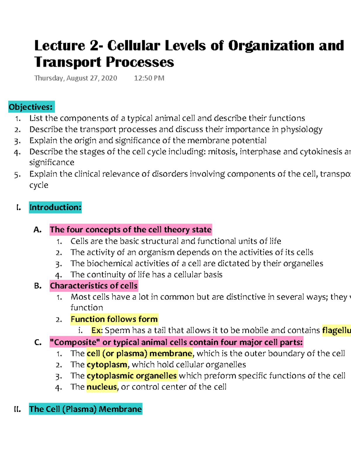 Cellular Levels Of Organization And Transport Processes Objectives 1 