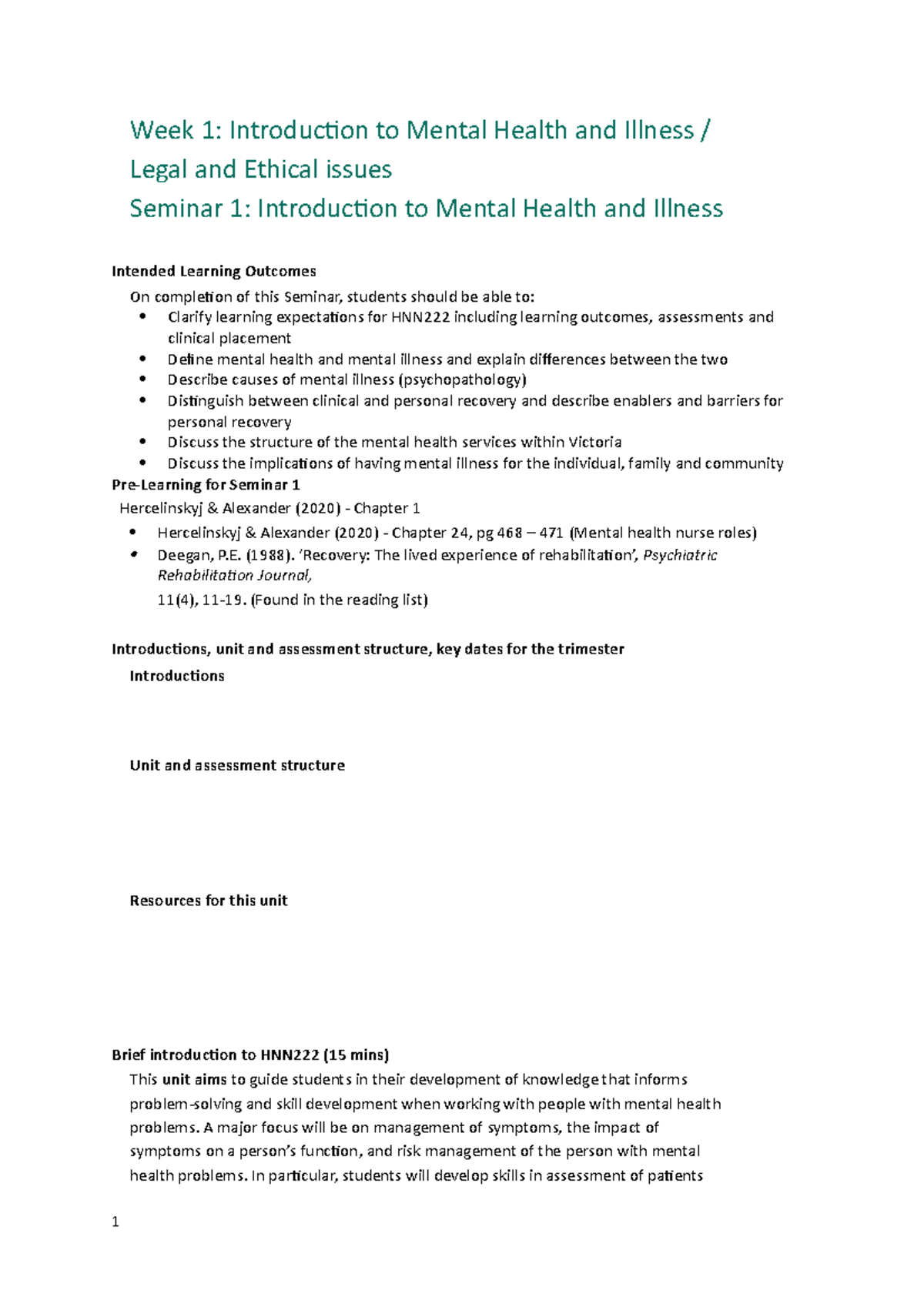 HNN222- W1 - Seminar 1 - Week 1: Introduction to Mental Health and ...