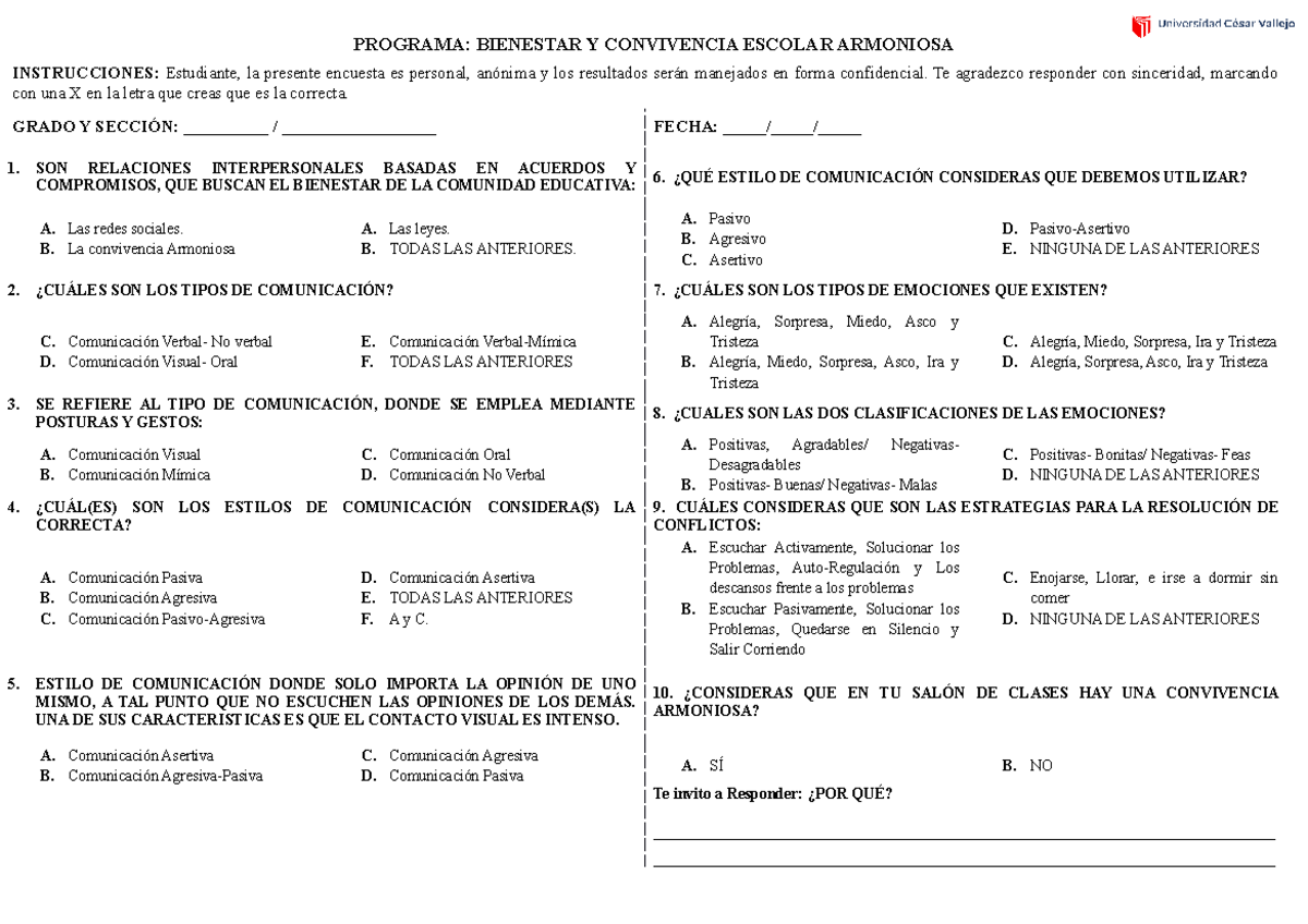 PRE TEST - PRE TEST SOBRE LA CONVIVENCIA ARMONIOSA - PROGRAMA