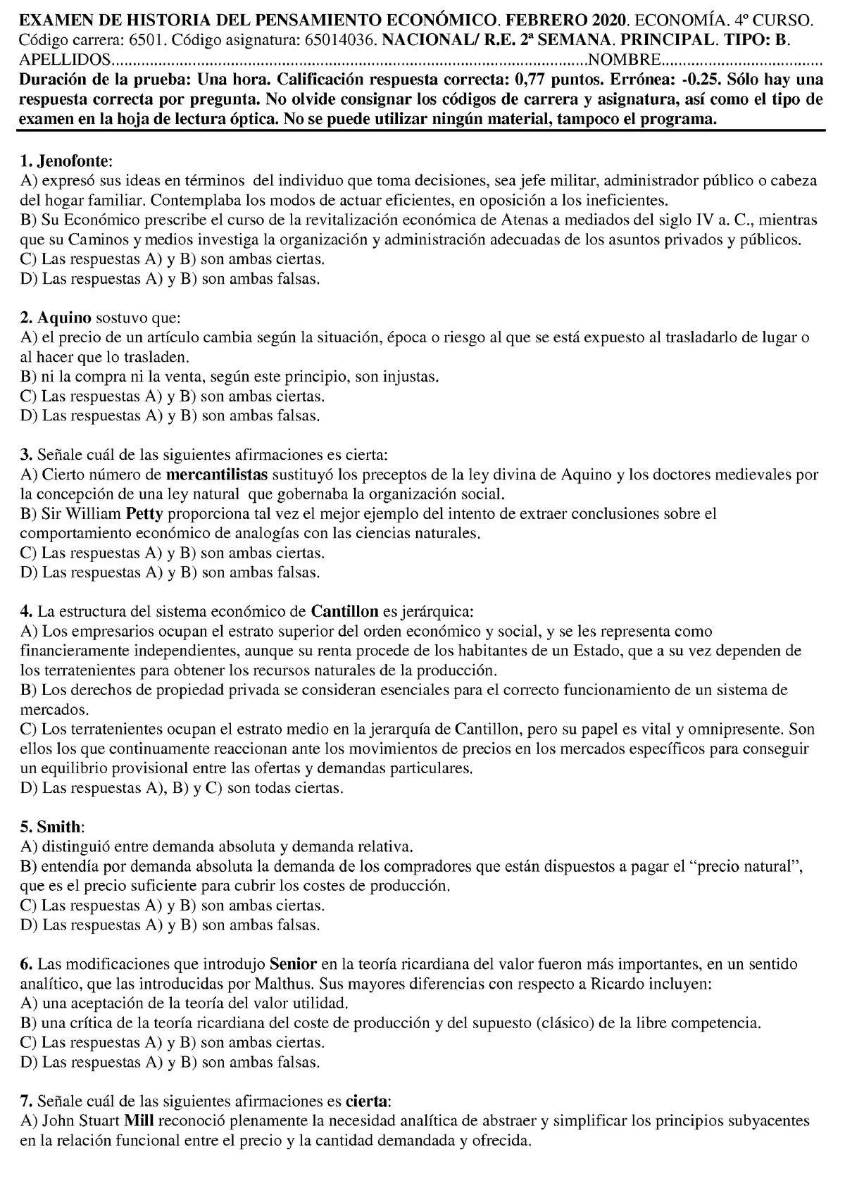 Examen Febrero 2020 Modelo B - Historia Del Pensamiento Económico - Studocu