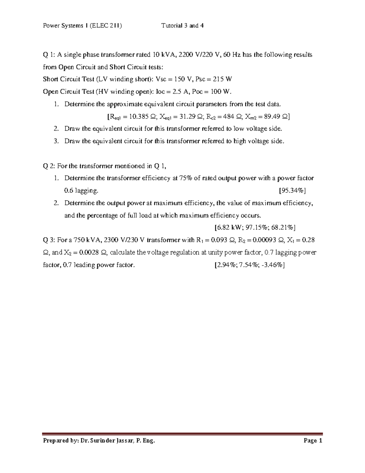 Tutorial Week 3 And 4 - Practice Work - Power Systems 1 (ELEC 211 ...