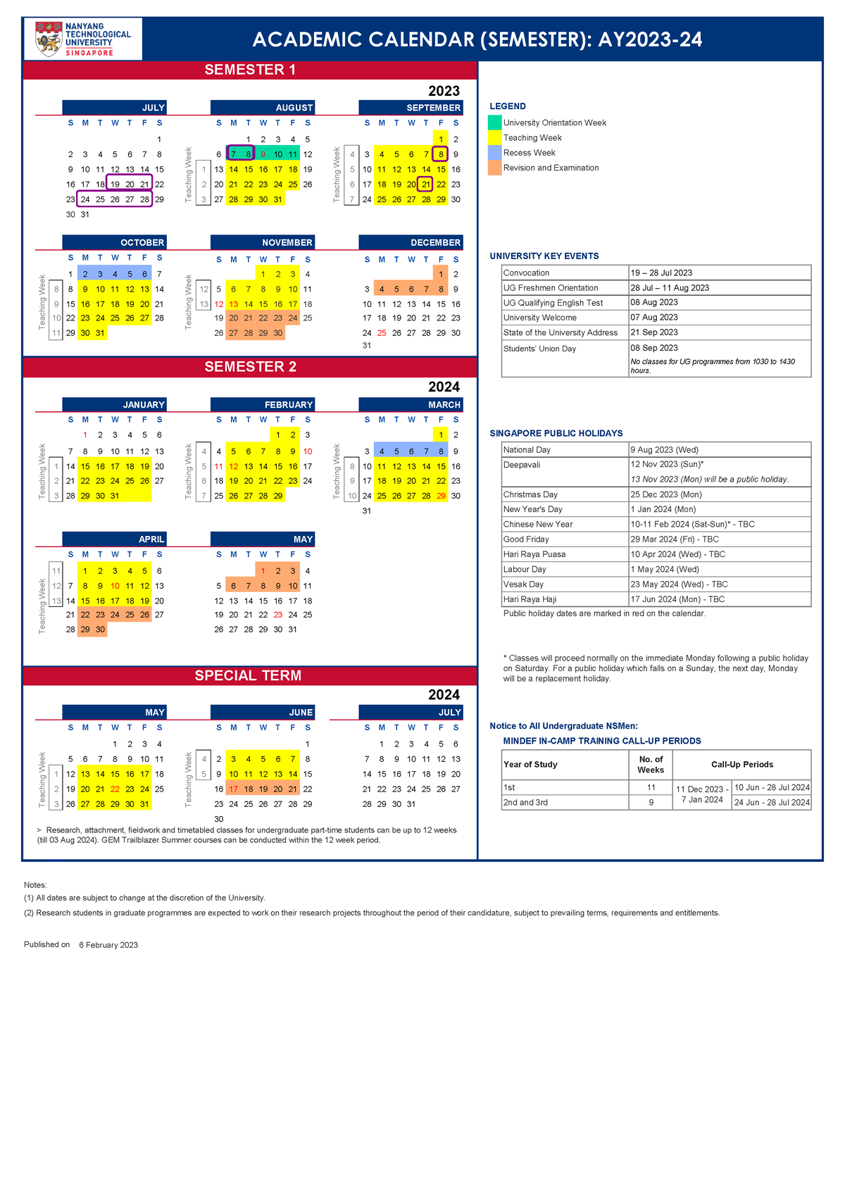 NTU Academic Calendar AY2023 24 (Semester) JULY AUGUST SEPTEMBER S M