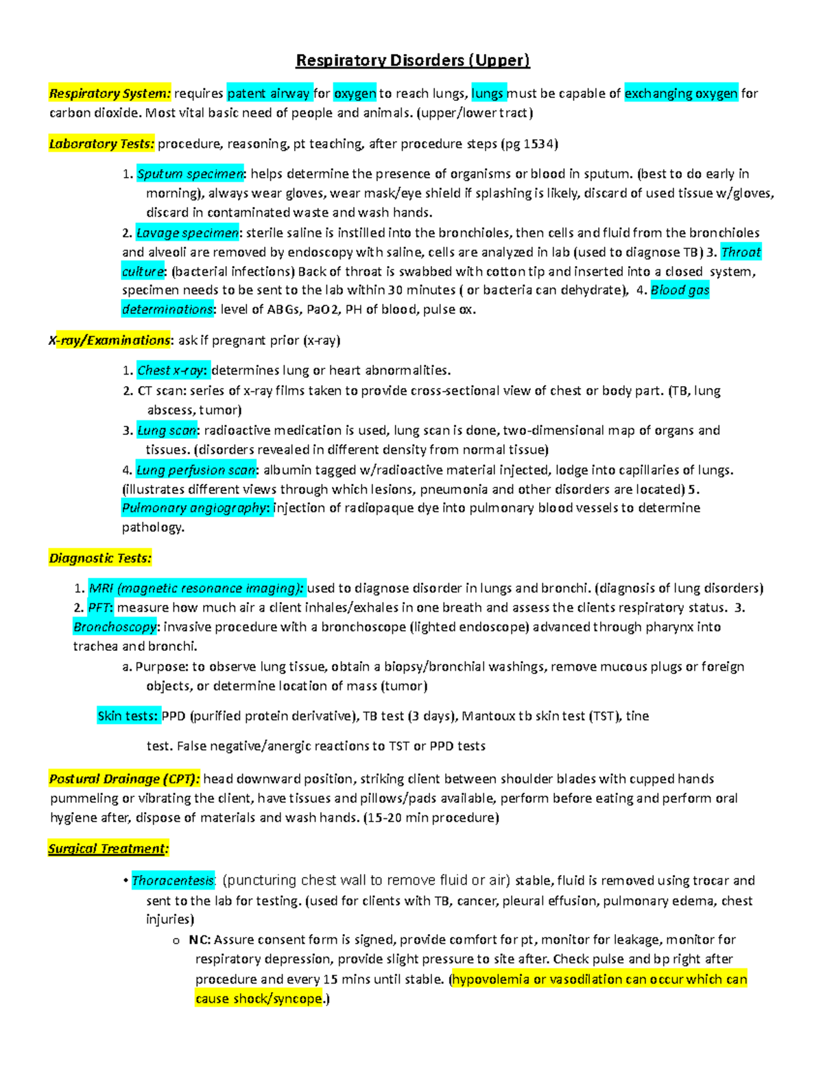 Respiratory System Oxygen Study Guide - Respiratory Disorders (Upper ...