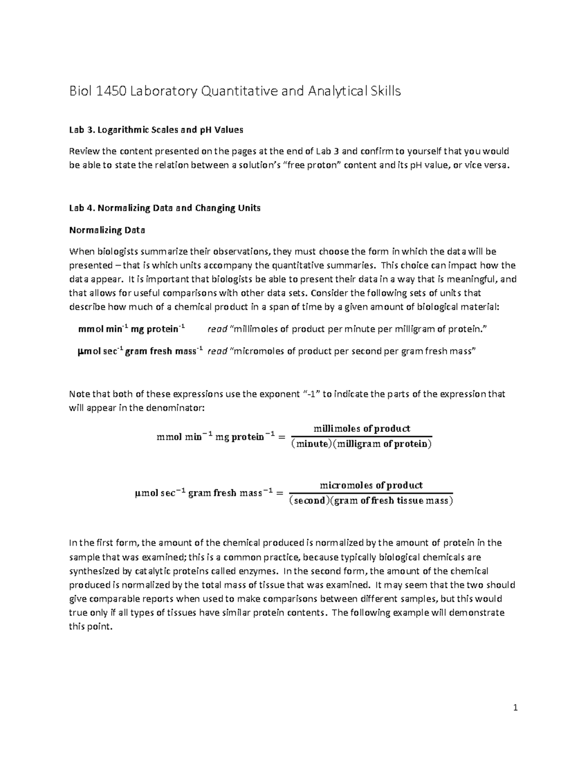 Labs 3 and 4 Quantitative Skills study 1 Biol 1450 Laboratory