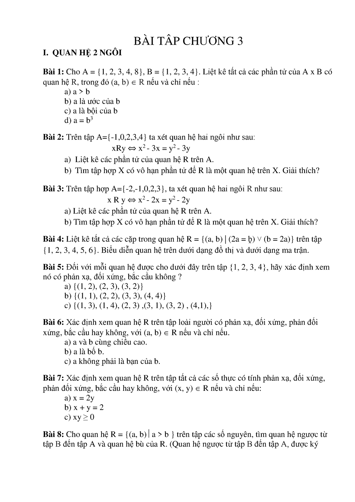 Bai Tap Chuong 3 - Dsđâsdadadadasdad - BÀI TÂP CH ̄¡NG 3 I. QUAN HỆ 2 ...