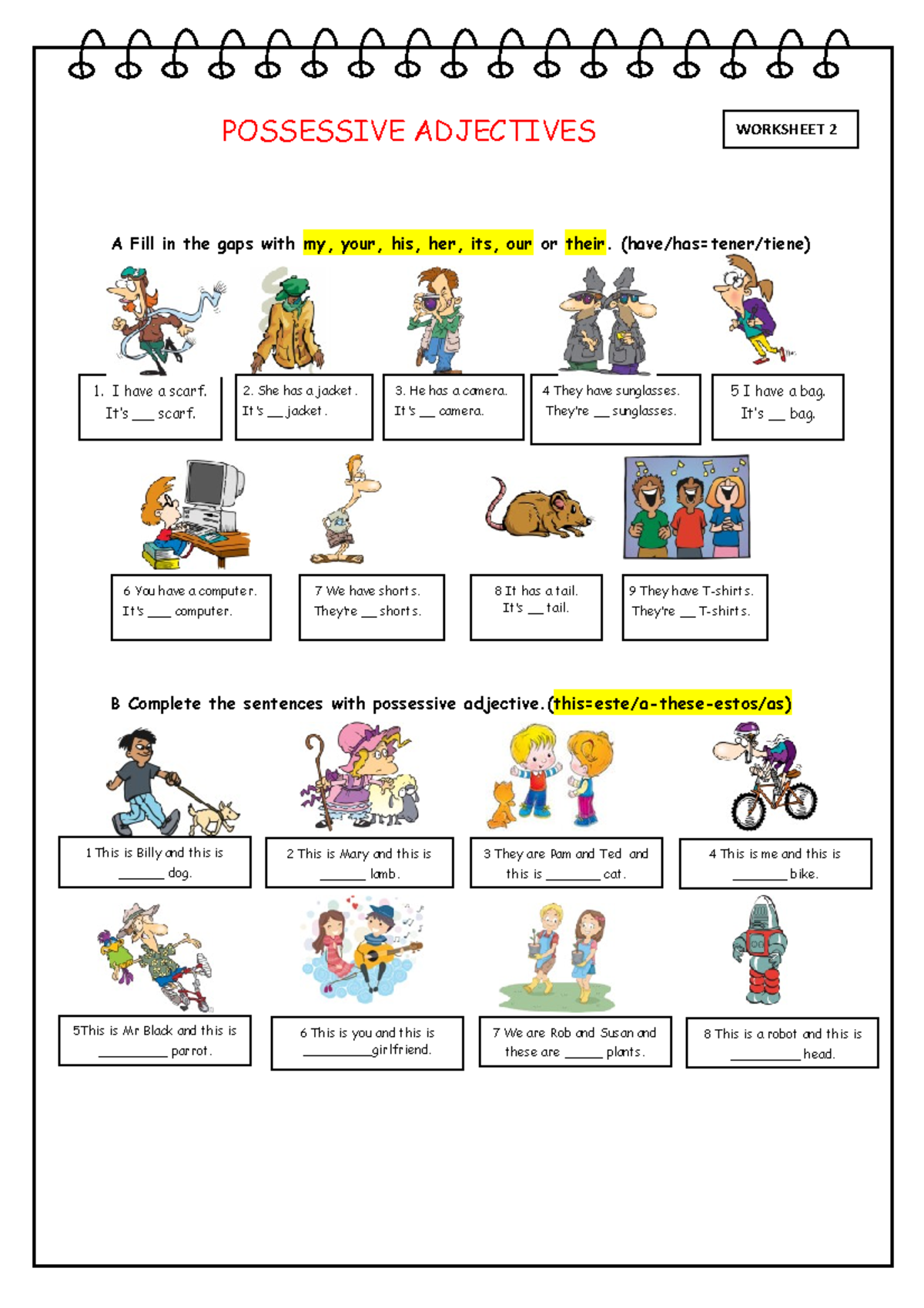 Worksheet 2 A Possessive Adjectives Possessive Adjectives A Fill In The Gaps With My Your