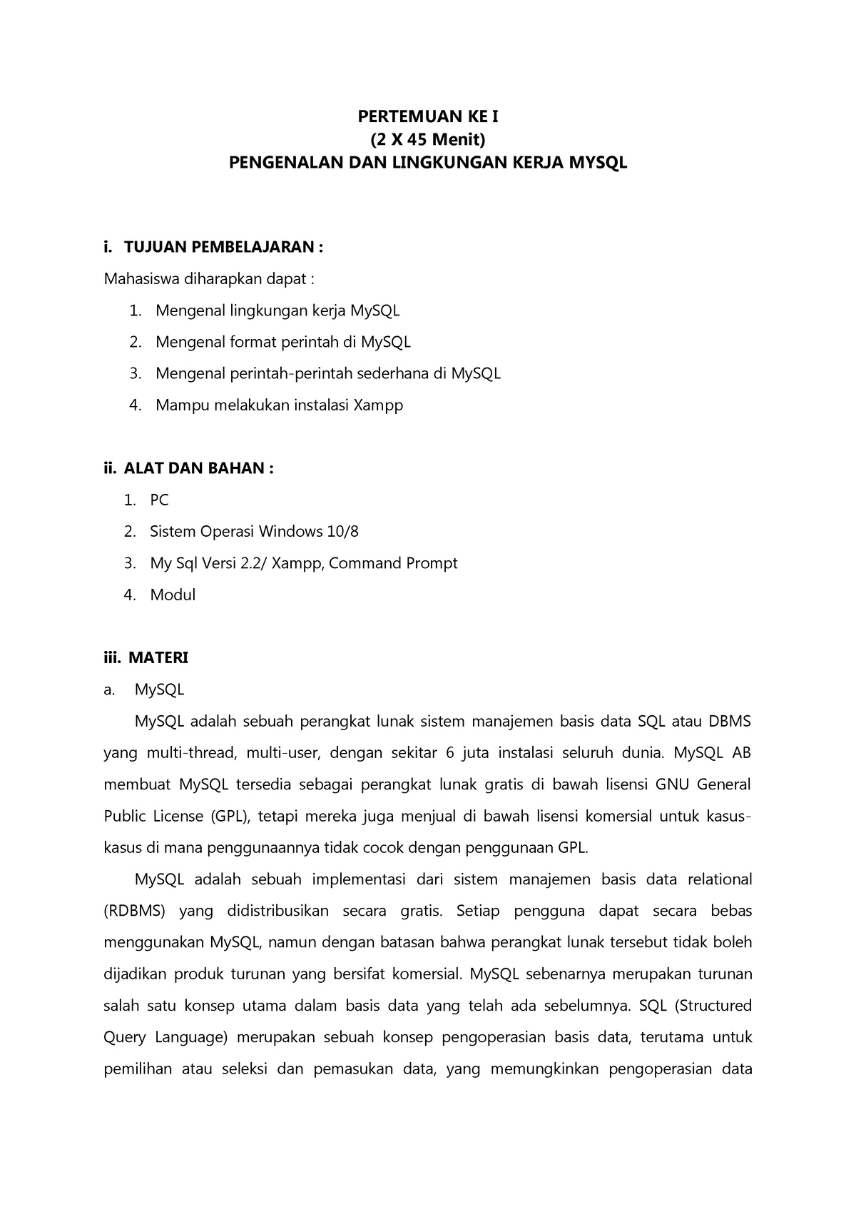 Modul SBD I - Pengenalan Dan Lingkungan Kerja Mysql - PERTEMUAN KE I (2 ...