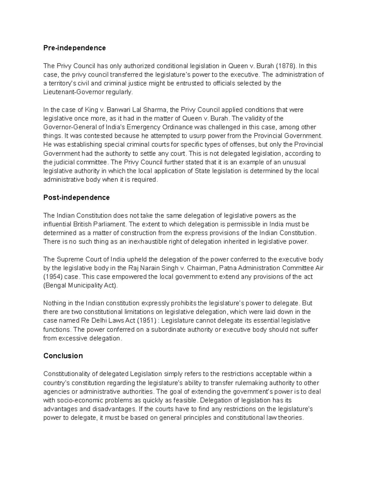 Constitutionality Of Delegated Legislation - Pre-independence The Privy ...