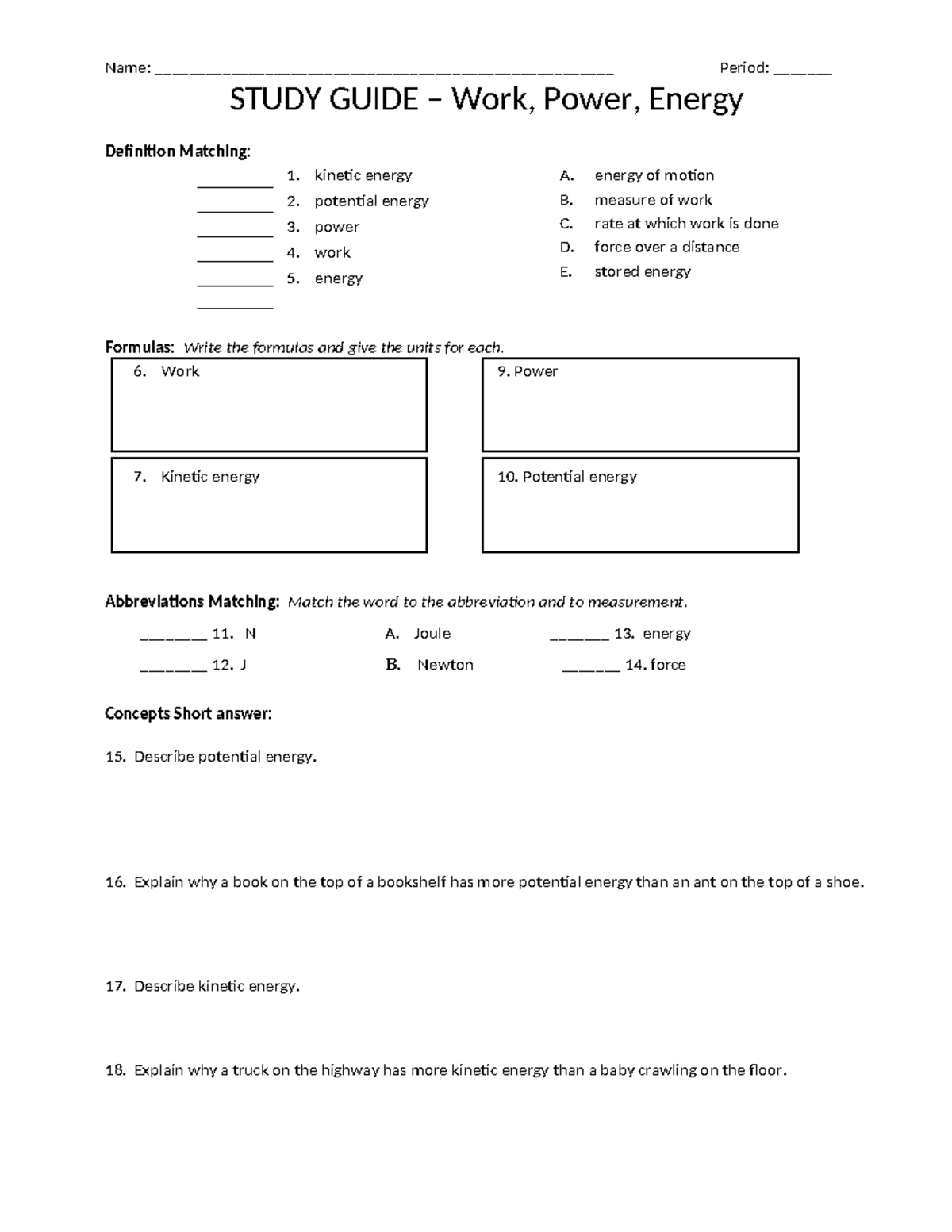 Study Guide - Work Power Energy - Name