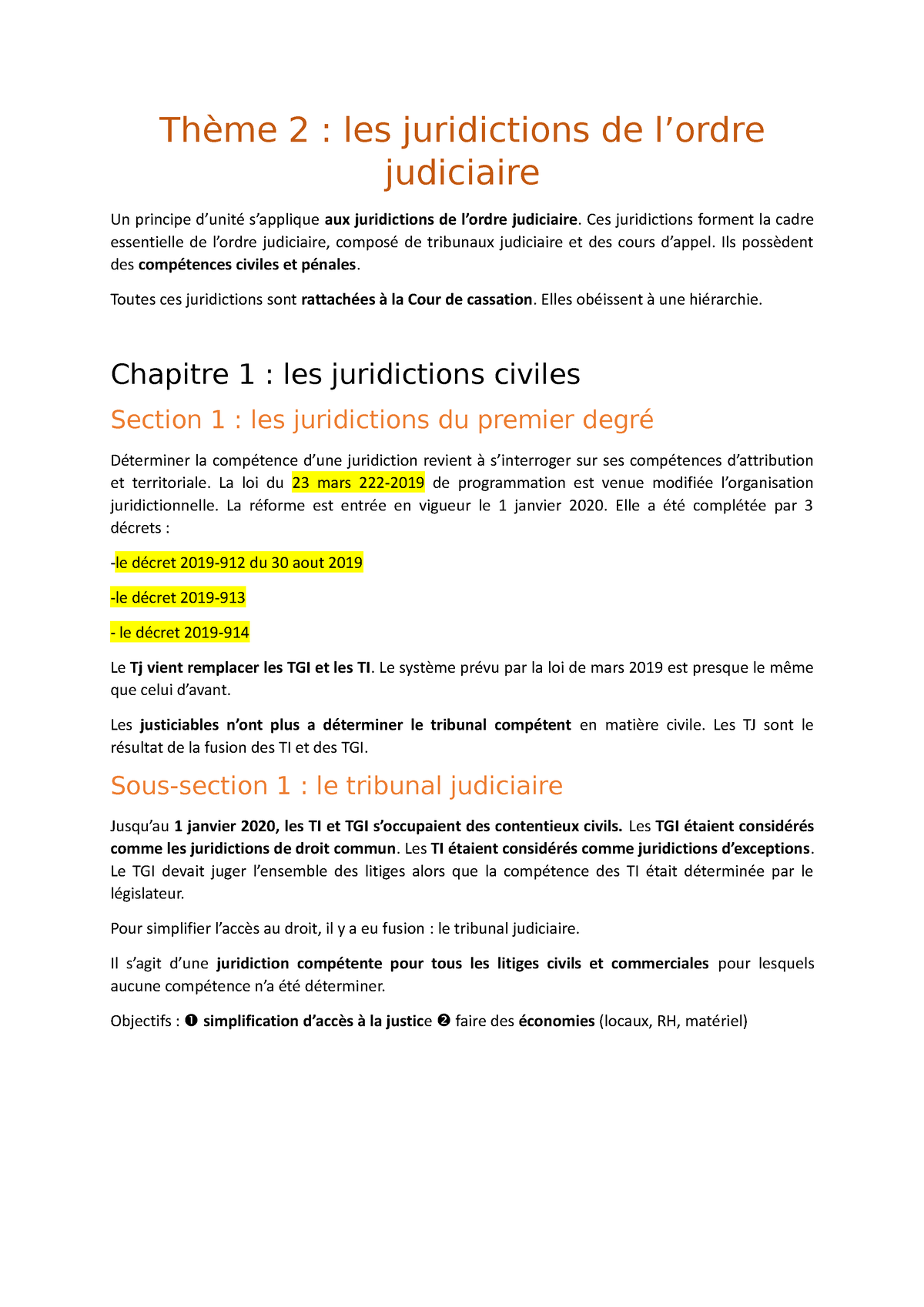 Theme 2 Cours S1 Organisation Juridictionnelle Thème 2 Les