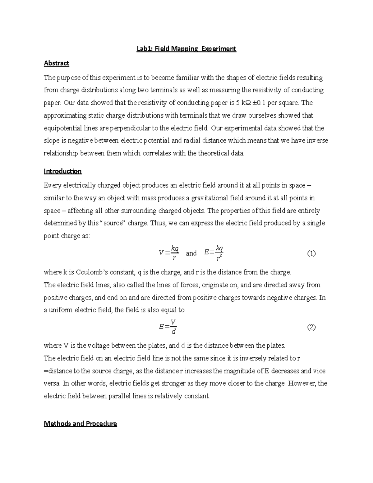 Lab 1 report Lab1 Field Mapping Experiment Abstract The purpose of this