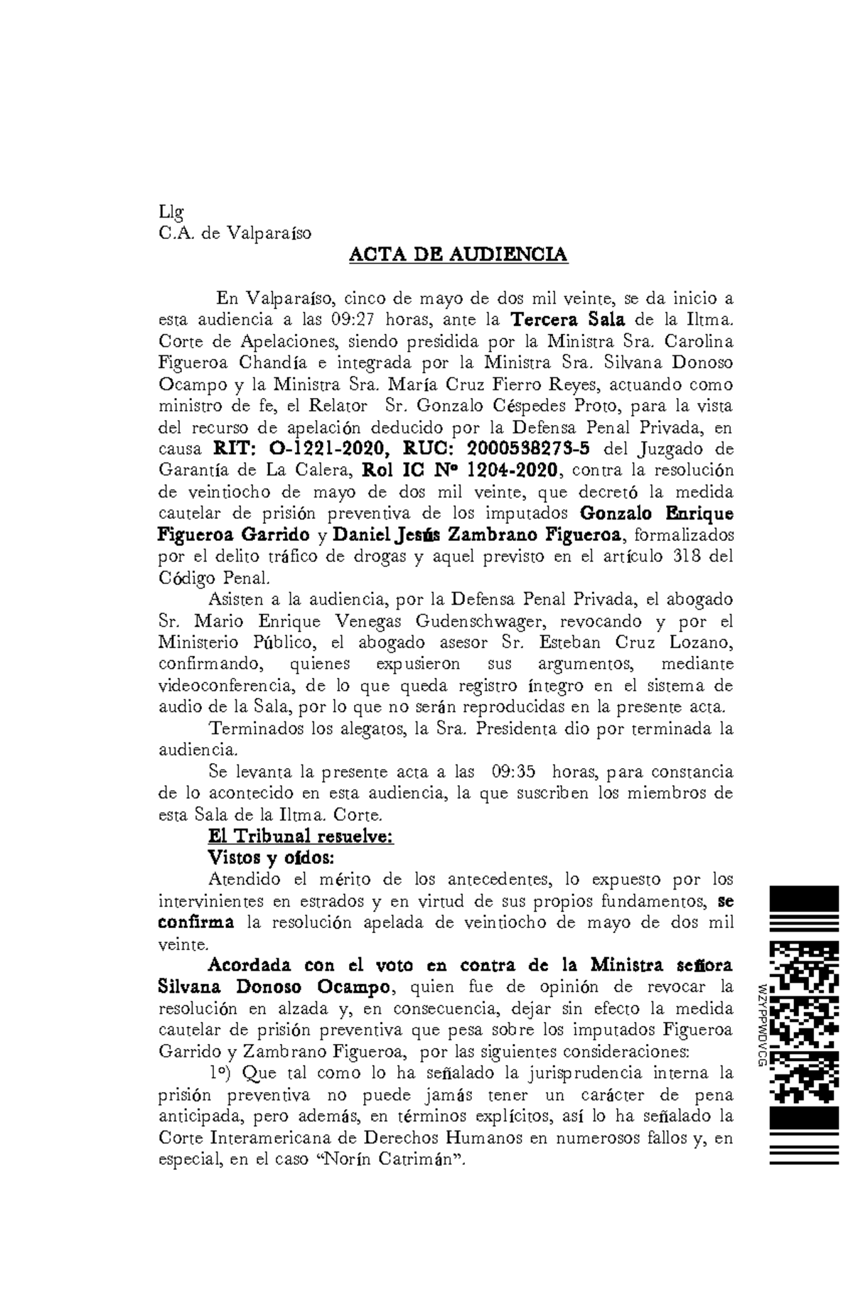 Sentencia Apelaciones PP Llg C De Valpara So ACTA DE AUDIENCIA En 