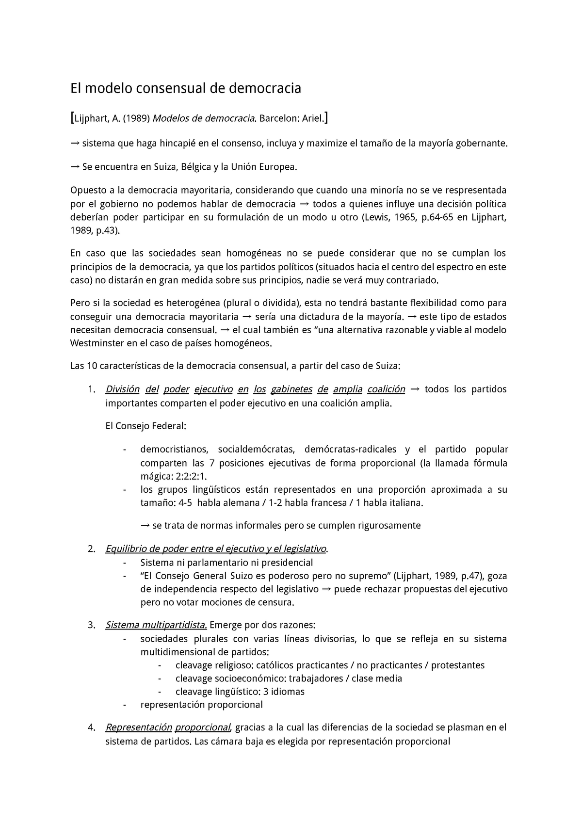 El modelo consensual (Lijphart) - El modelo consensual de A. (1989) de  Barcelon: sistema que haga en - Studocu