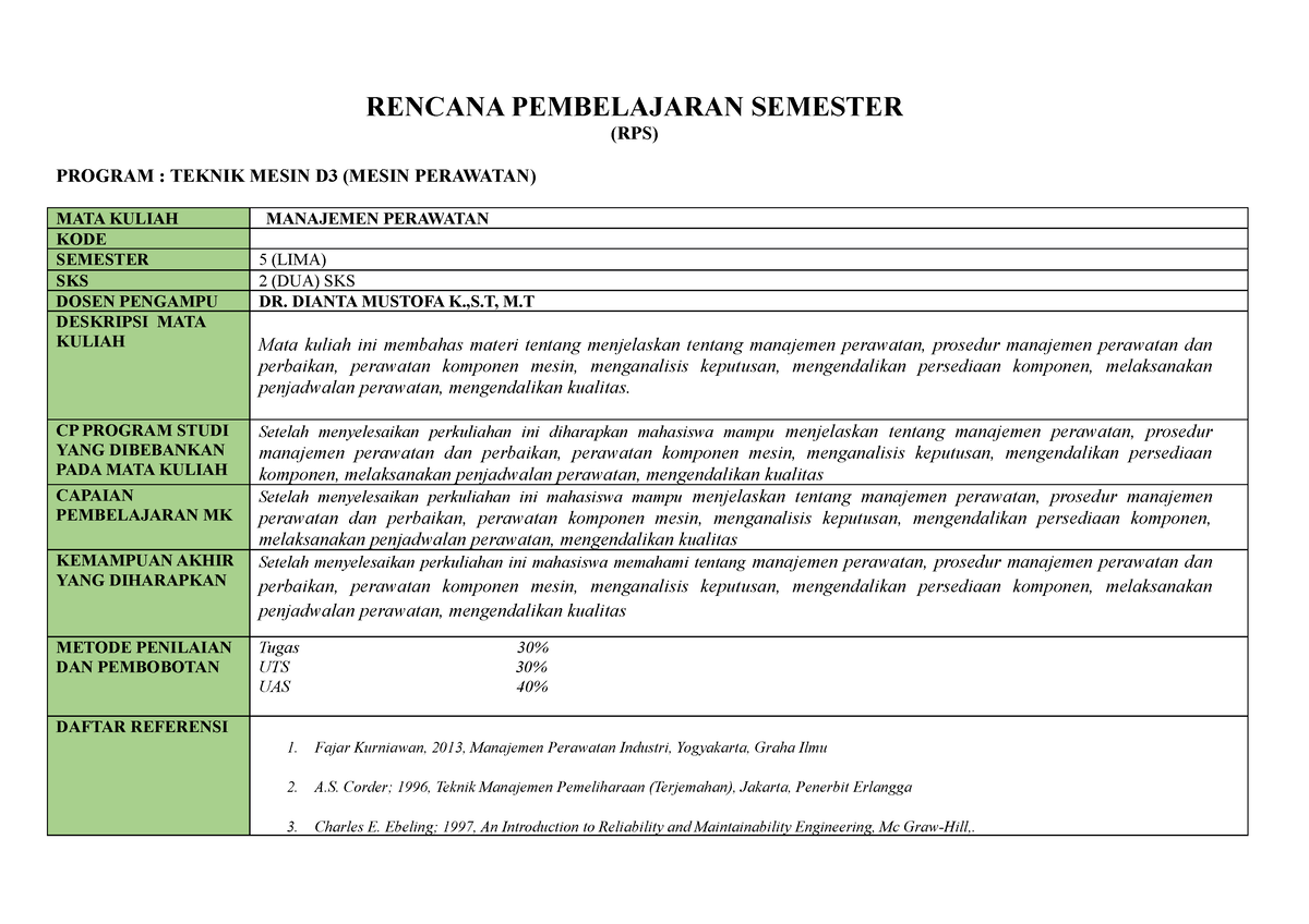 7. Manajemen Perawatan - RENCANA PEMBELAJARAN SEMESTER (RPS) PROGRAM ...