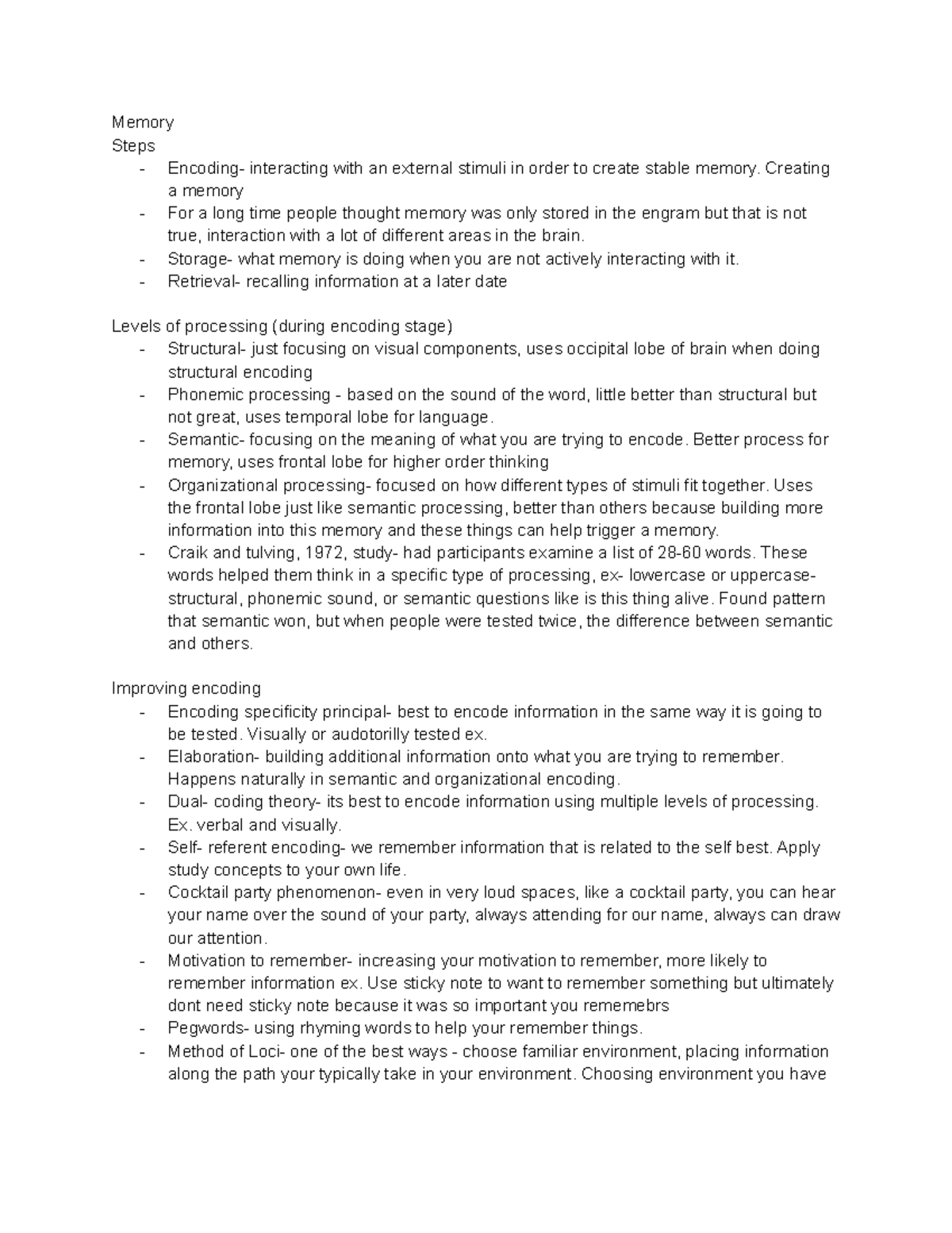 Test 3 notes - Memory Steps - Encoding- interacting with an external ...