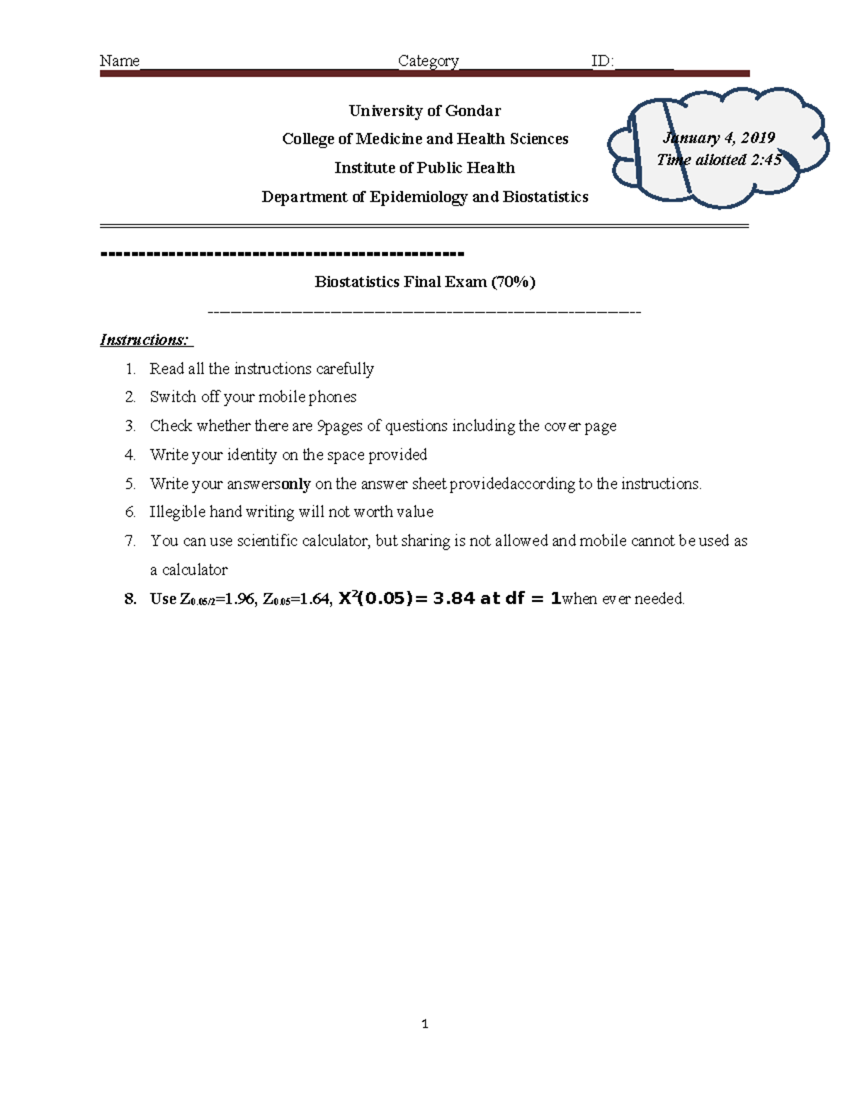 MPH Biosta Exam Jan 2019 - University of Gondar College of Medicine and ...