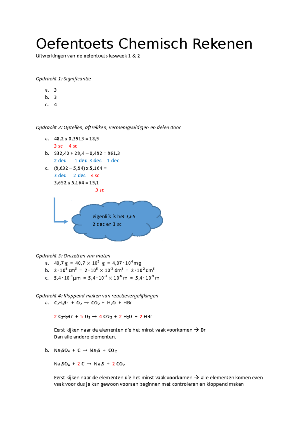 Oefentoets Week 1 En 2 Uitwerking - Oefentoets Chemisch Rekenen ...