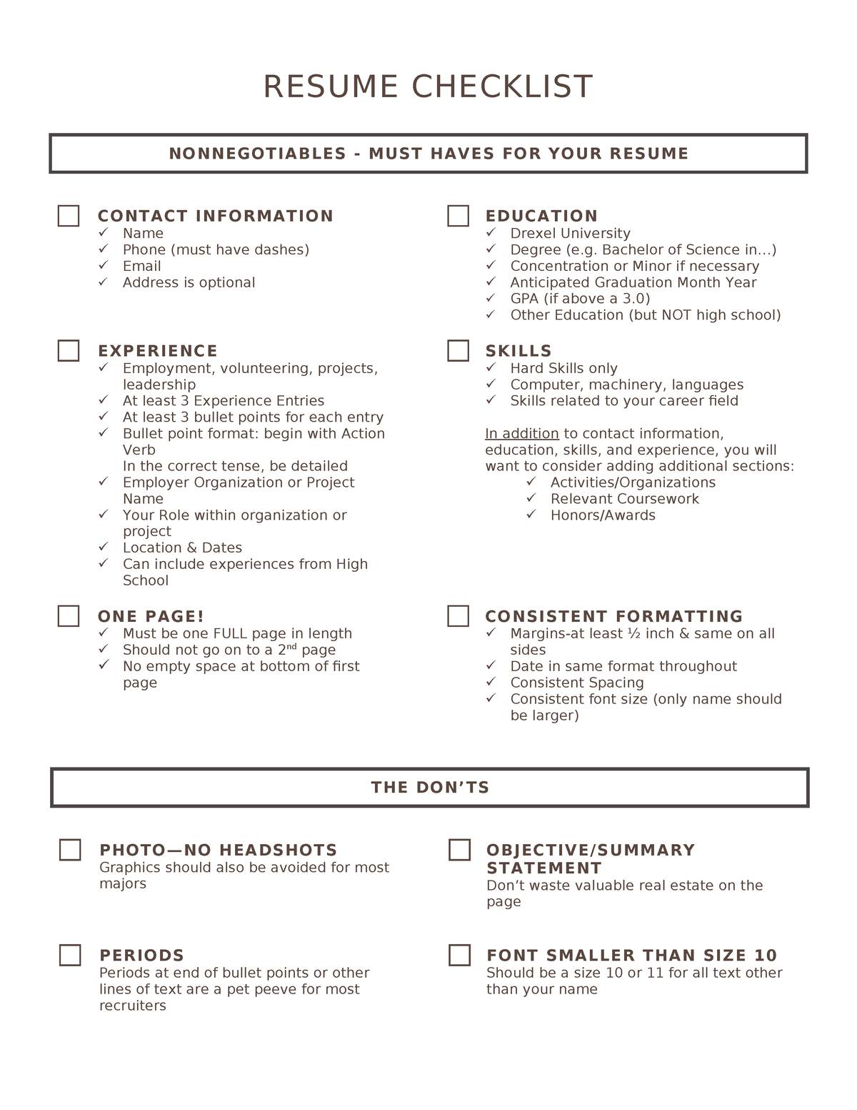 Resume Checklist - RESUME CHECKLIST NONNEGOTIABLES - MUST HAVES FOR ...