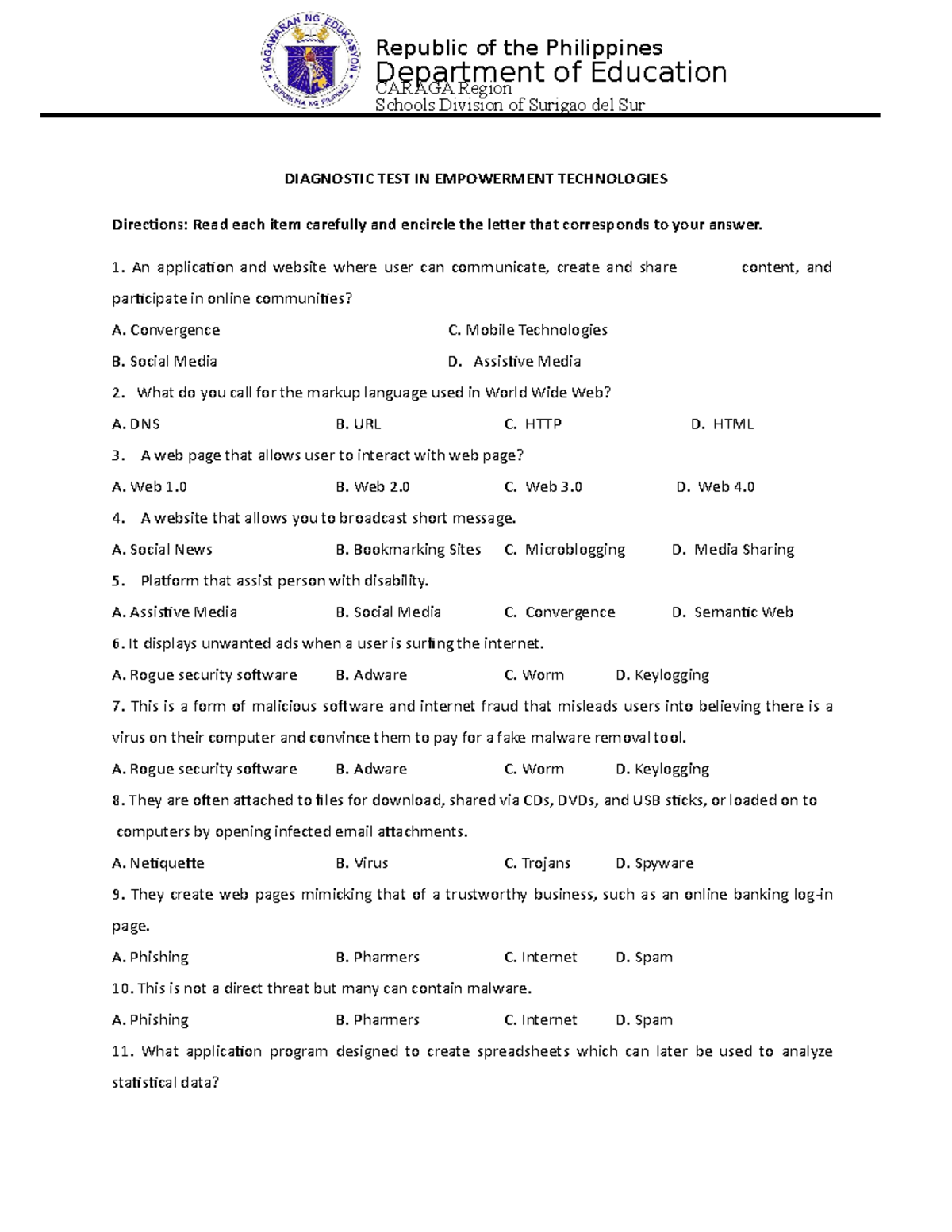 Diagnostic TEST IN E TECH DIAGNOSTIC TEST IN EMPOWERMENT TECHNOLOGIES 