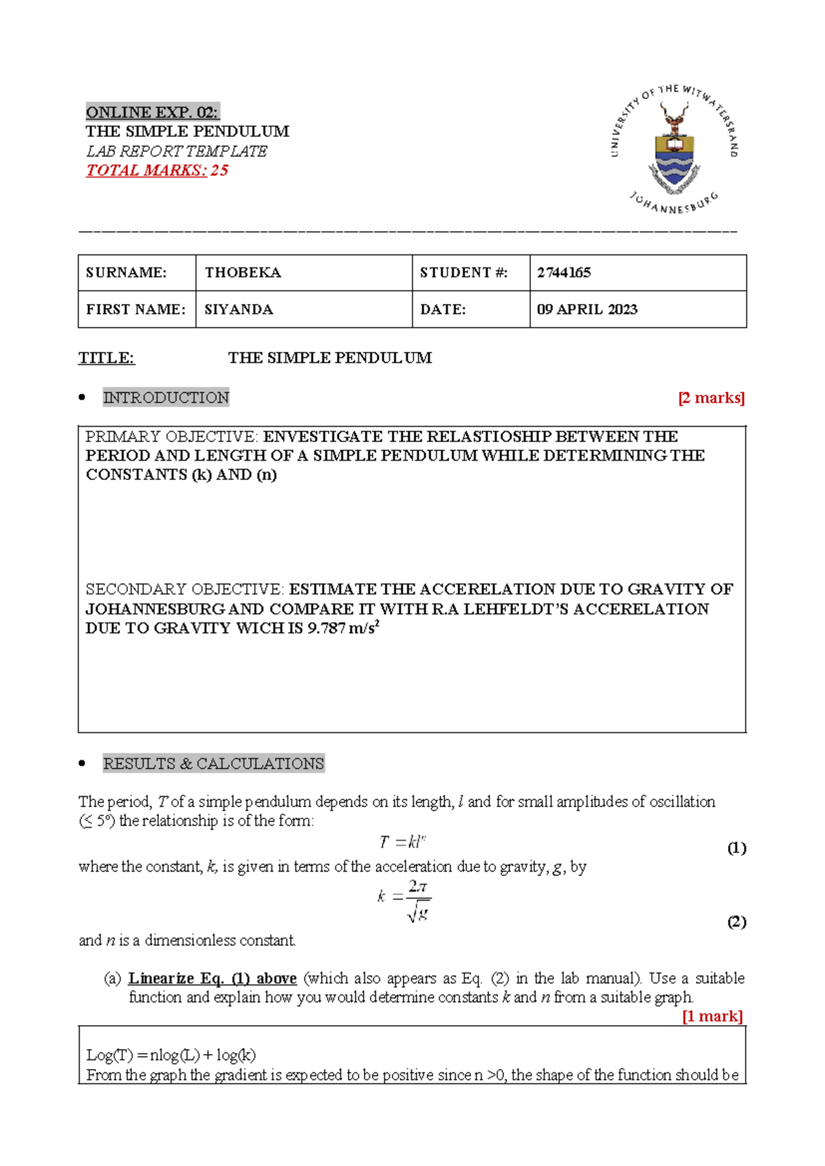 Online Exp02 Simple Pendulum Lab Report Template1 ONLINE EXP. 02