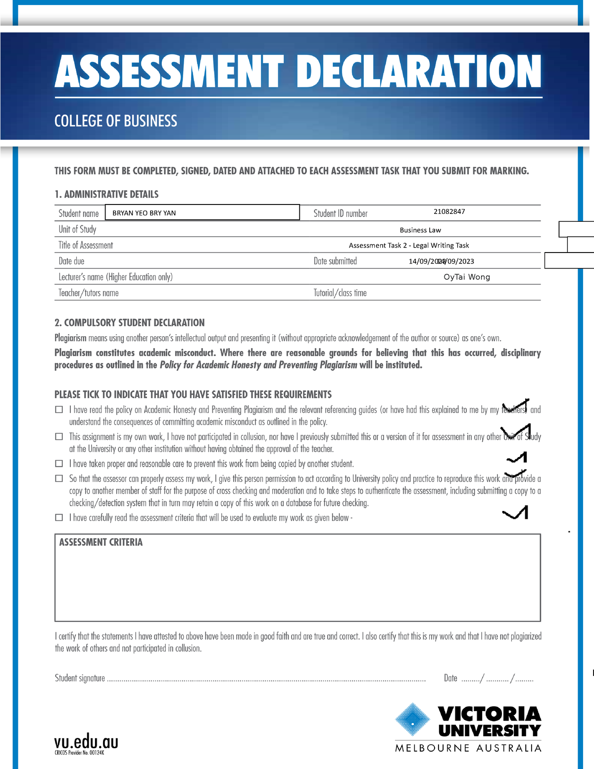 Business Law Individual Assignment - OyTai Wong 14/09/2023 14/09/ BRYAN ...