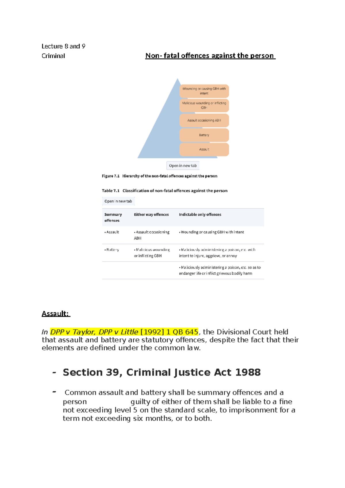 Lecture 8 and 9 non fatal offences - ####### Lecture 8 and 9 Criminal ...