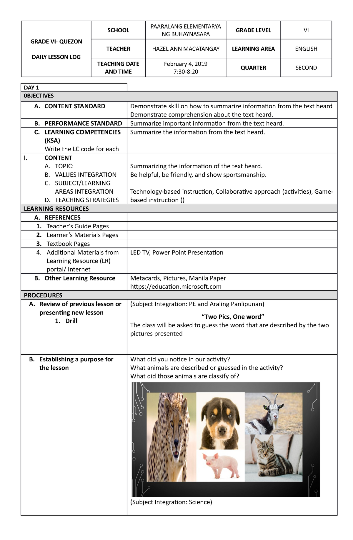 Summarizing Plan Lesson Plan School Paaralang Elementarya Ng Buhaynasapa Grade Studocu