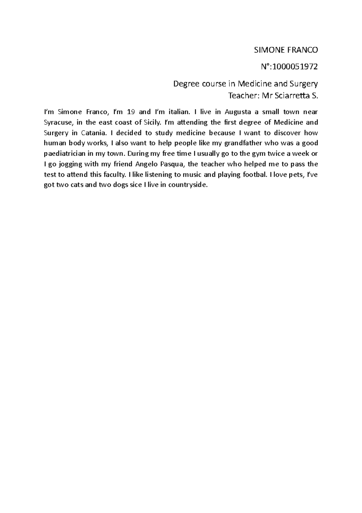 Documento 40 - SIMONE FRANCO N°: Degree course in Medicine and Surgery ...