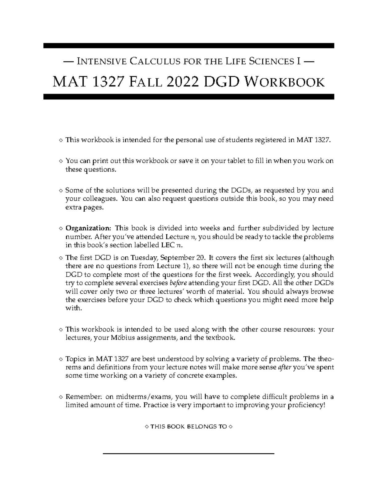 MAT 1327 DGD Workbook - Practice material - — INTENSIVE CALCULUS FOR ...