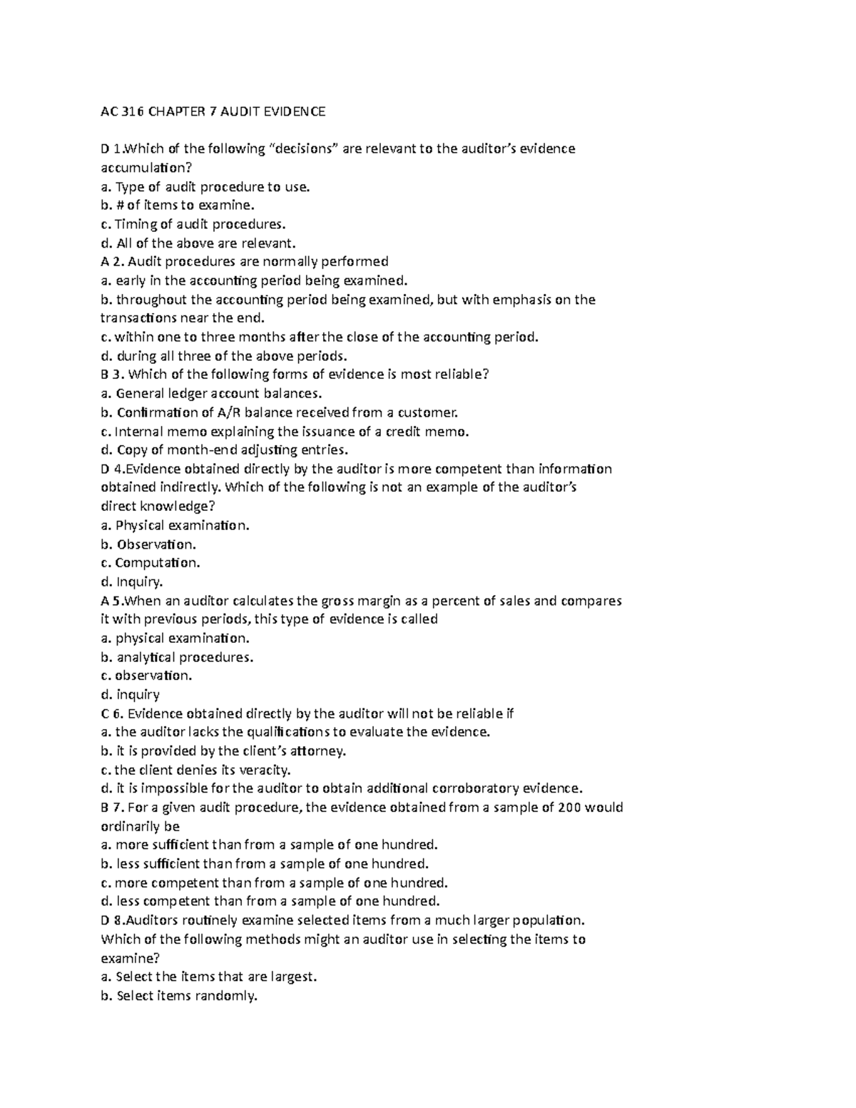 AC 316 Chapter 7 Audit Evidence - AC 316 CHAPTER 7 AUDIT EVIDENCE D 1 ...