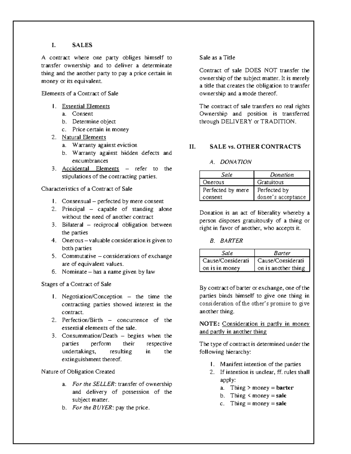 Notes On LAW OF Obligations And Contracts Philippines - I. SALES A ...