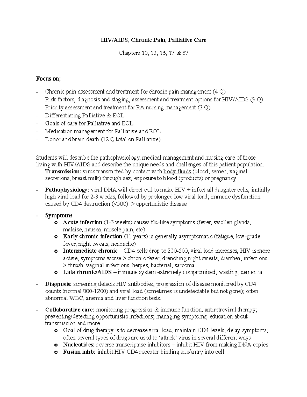 HIV AIDS - Lecture notes 2 - HIV/AIDS, Chronic Pain, Palliative Care ...