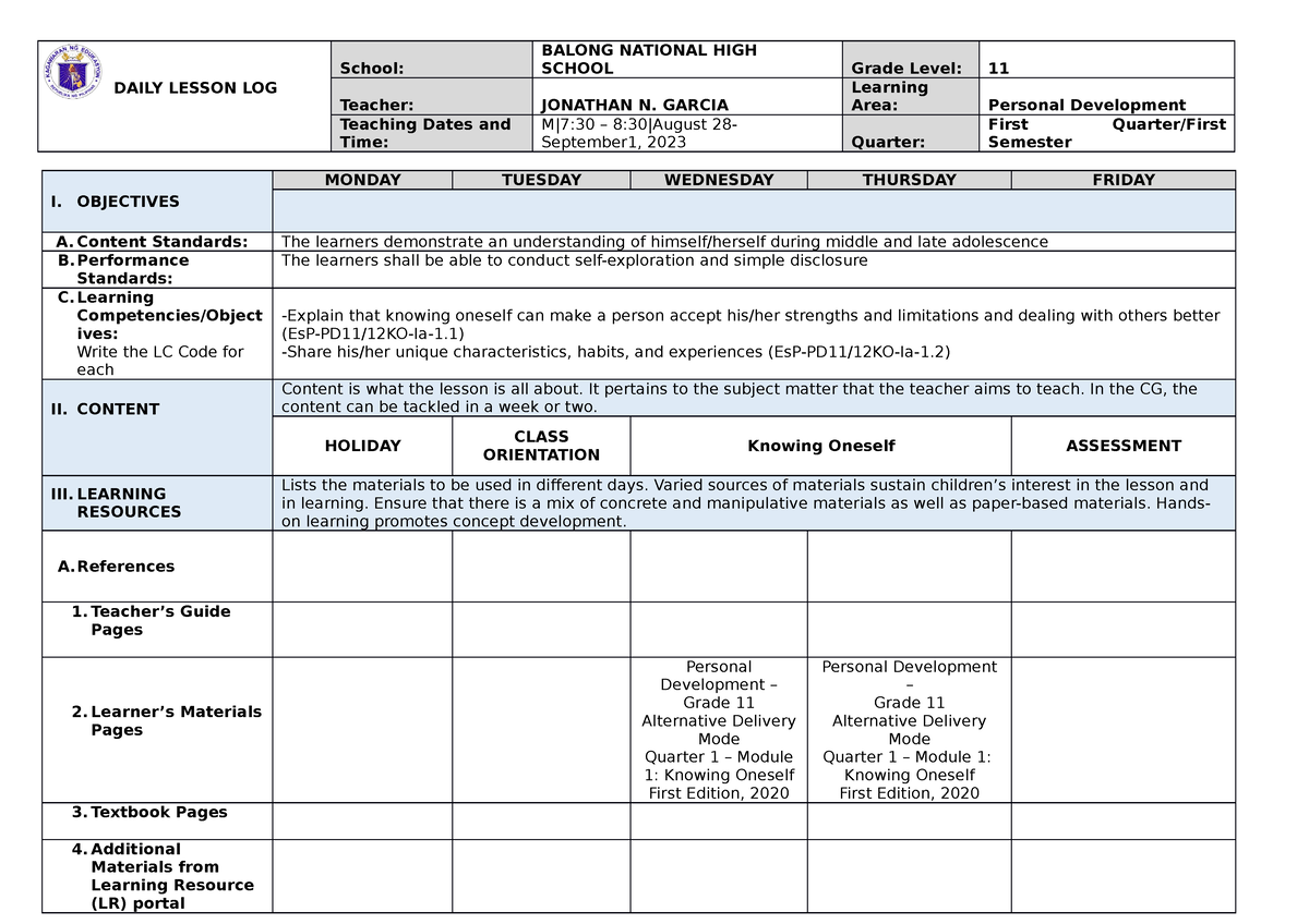 DLLAugust 28-September 12023 - DAILY LESSON LOG School: BALONG NATIONAL ...