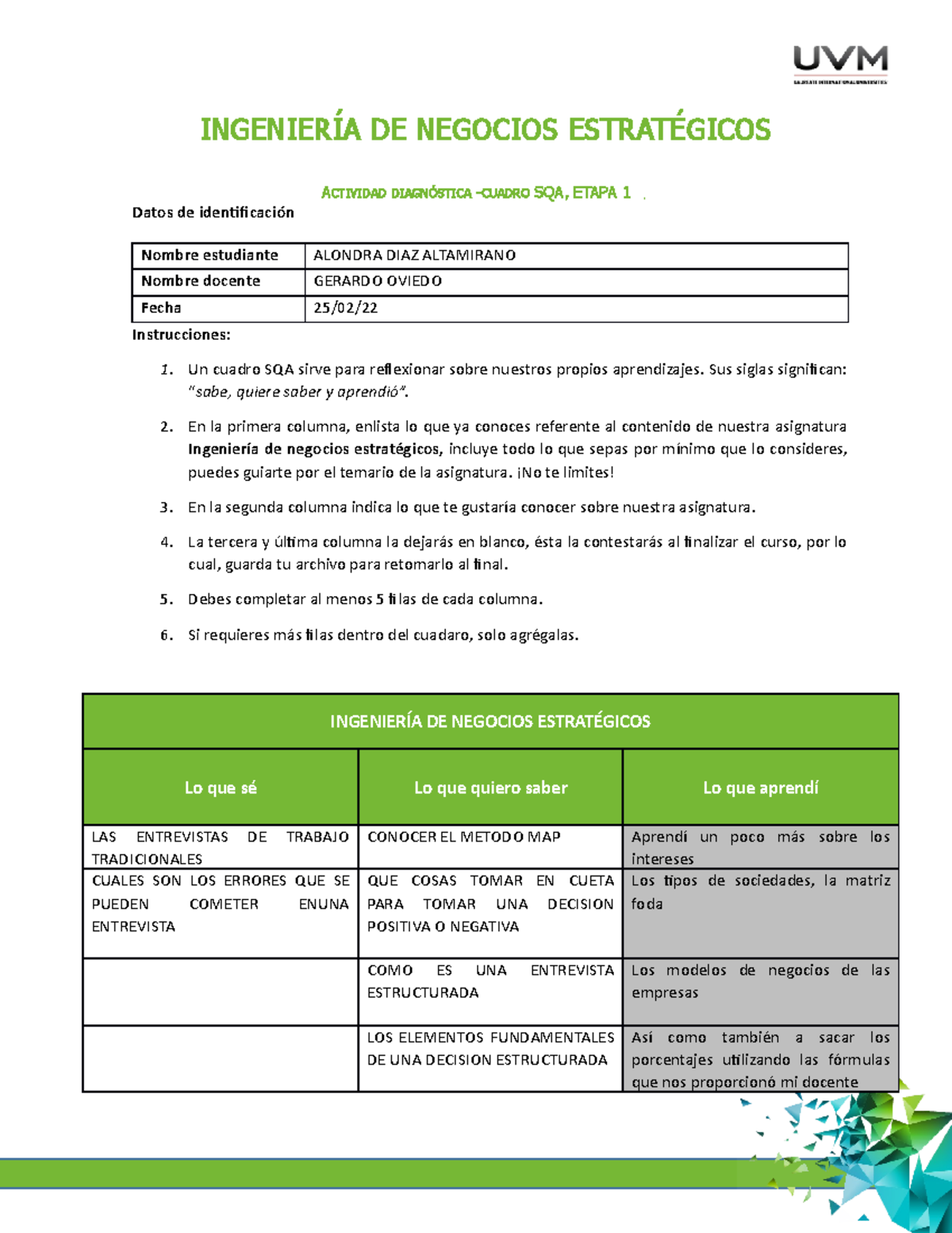 Cuadro SQA E1 - Xxxxxxxx - INGENIERÍA DE NEGOCIOS ESTRATÉGICOS ...