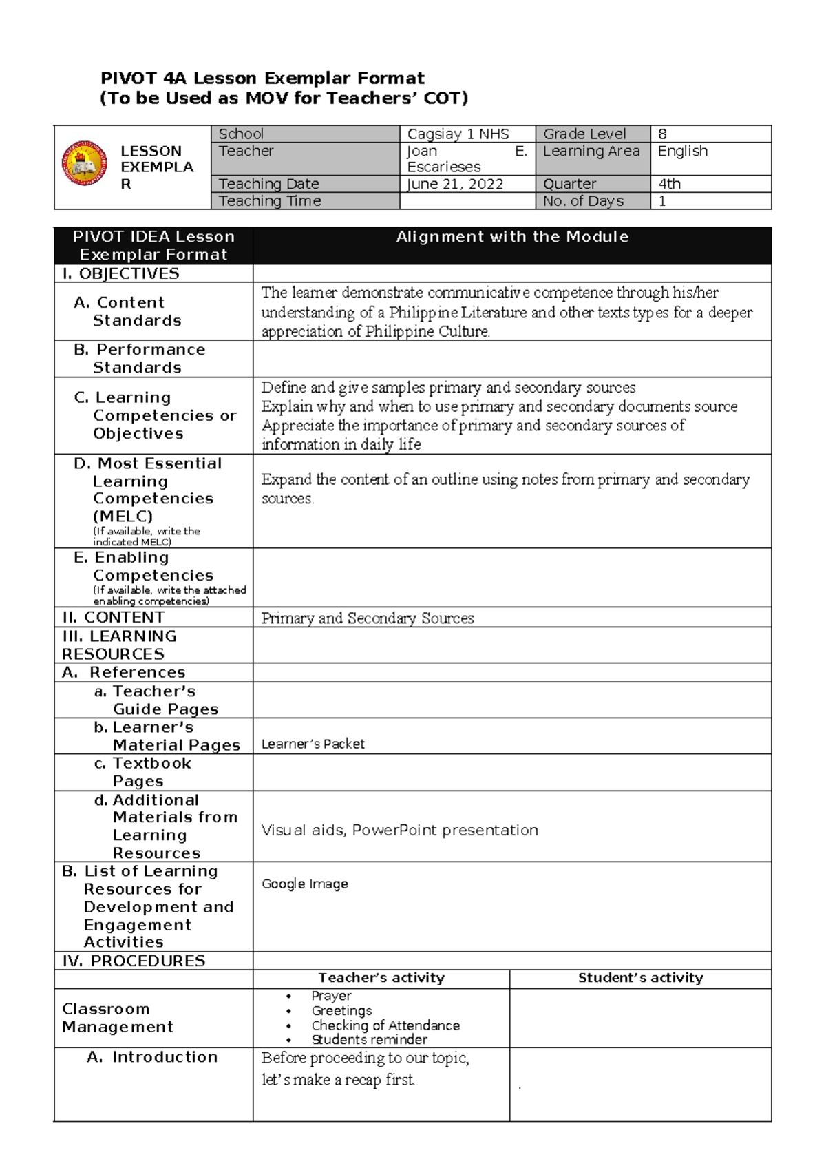 COT no. 2 2021-2022 - for reference - PIVOT 4A Lesson Exemplar Format ...