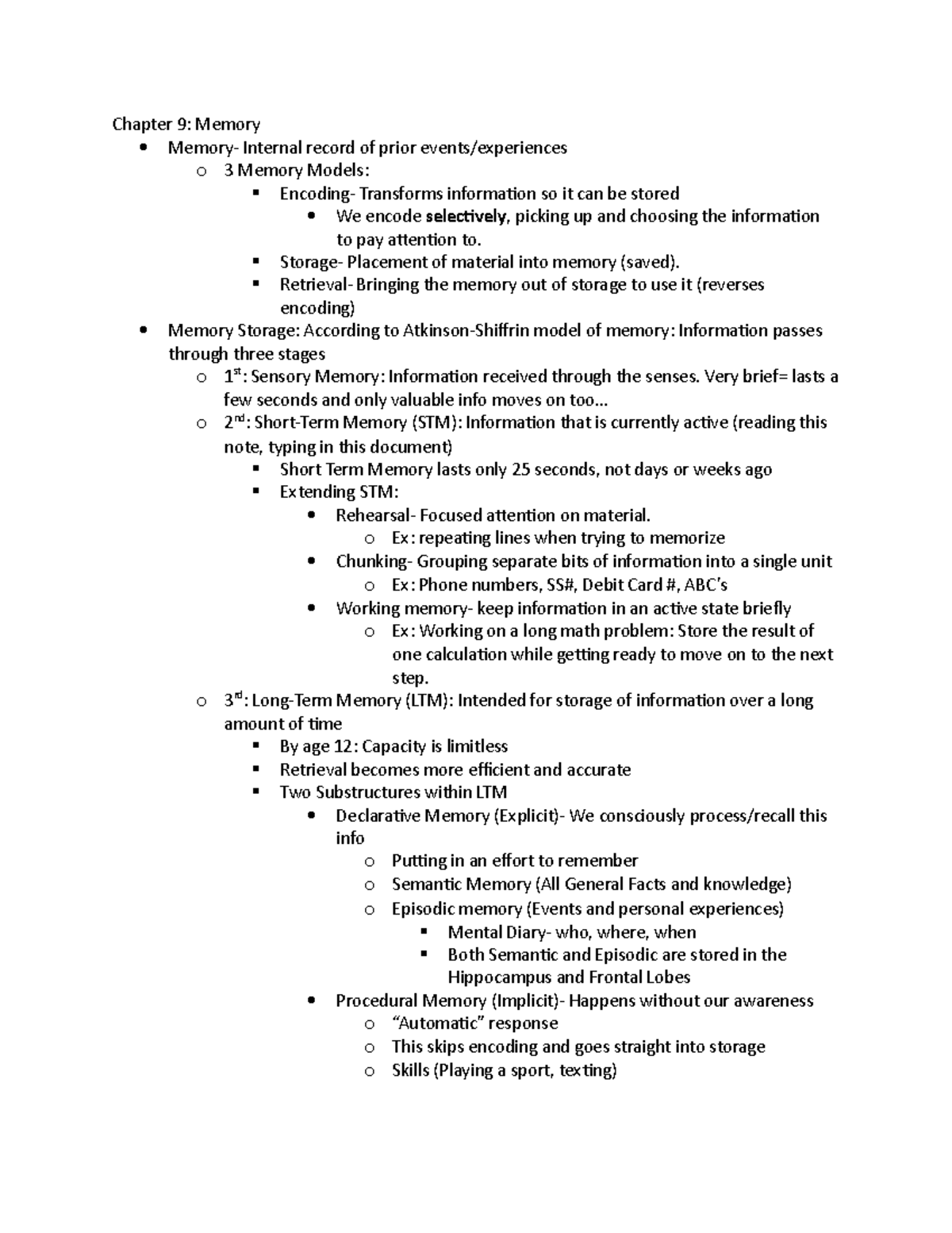 Chapter 7: Memory - Chapter 9: Memory Memory- Internal record of prior ...