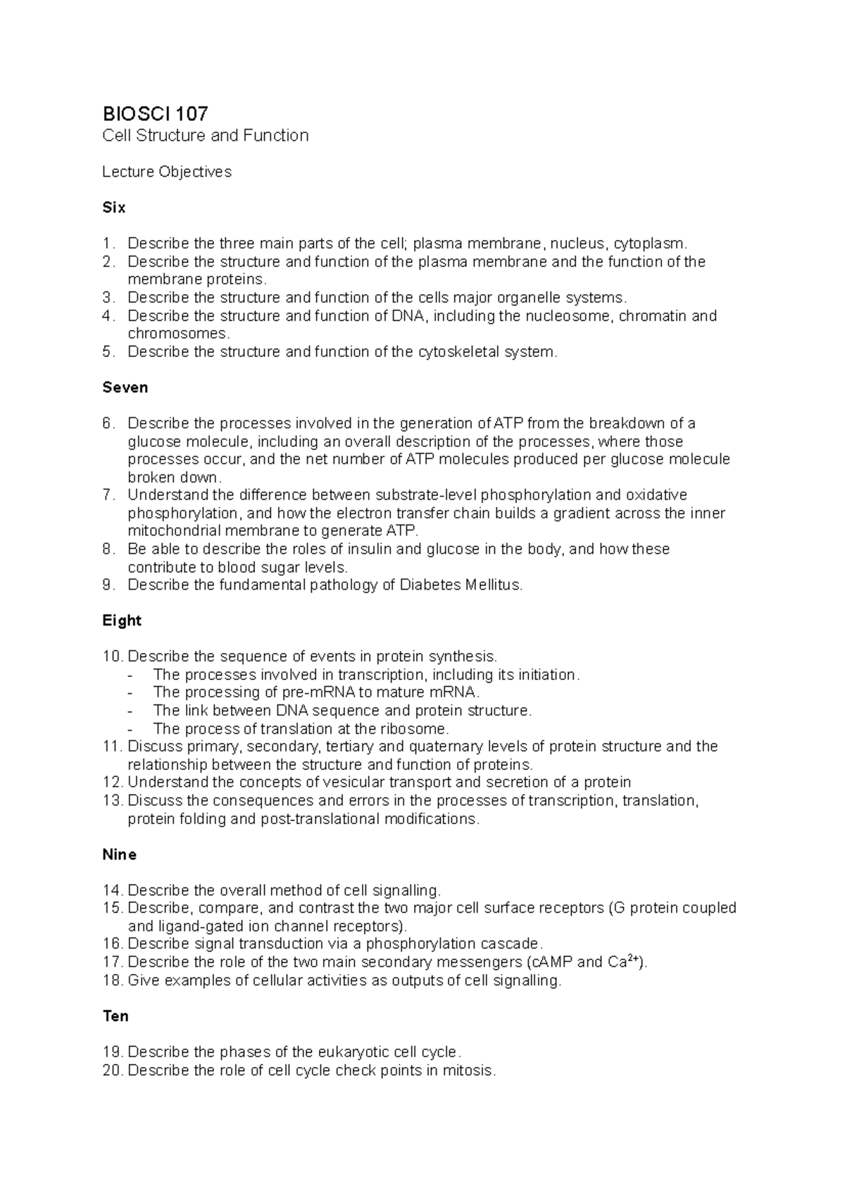 Cell Structure and Function Learning Objectives - BIOSCI 107 Cell ...