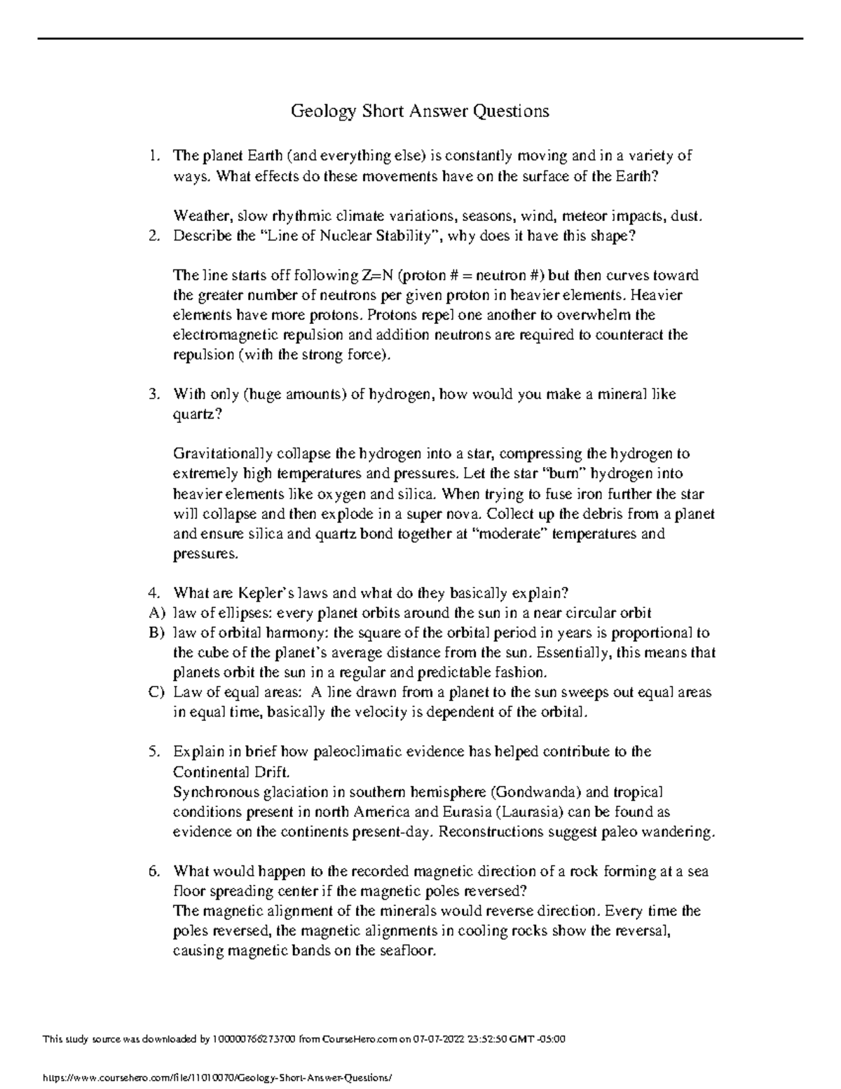 Geology Short Answer Questions What effects do these movements have