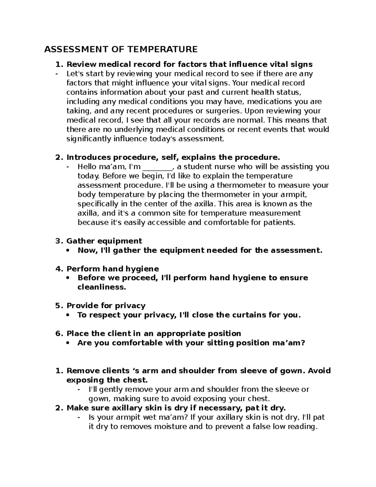 Vital Signs Script - ASSESSMENT OF TEMPERATURE Review medical record ...