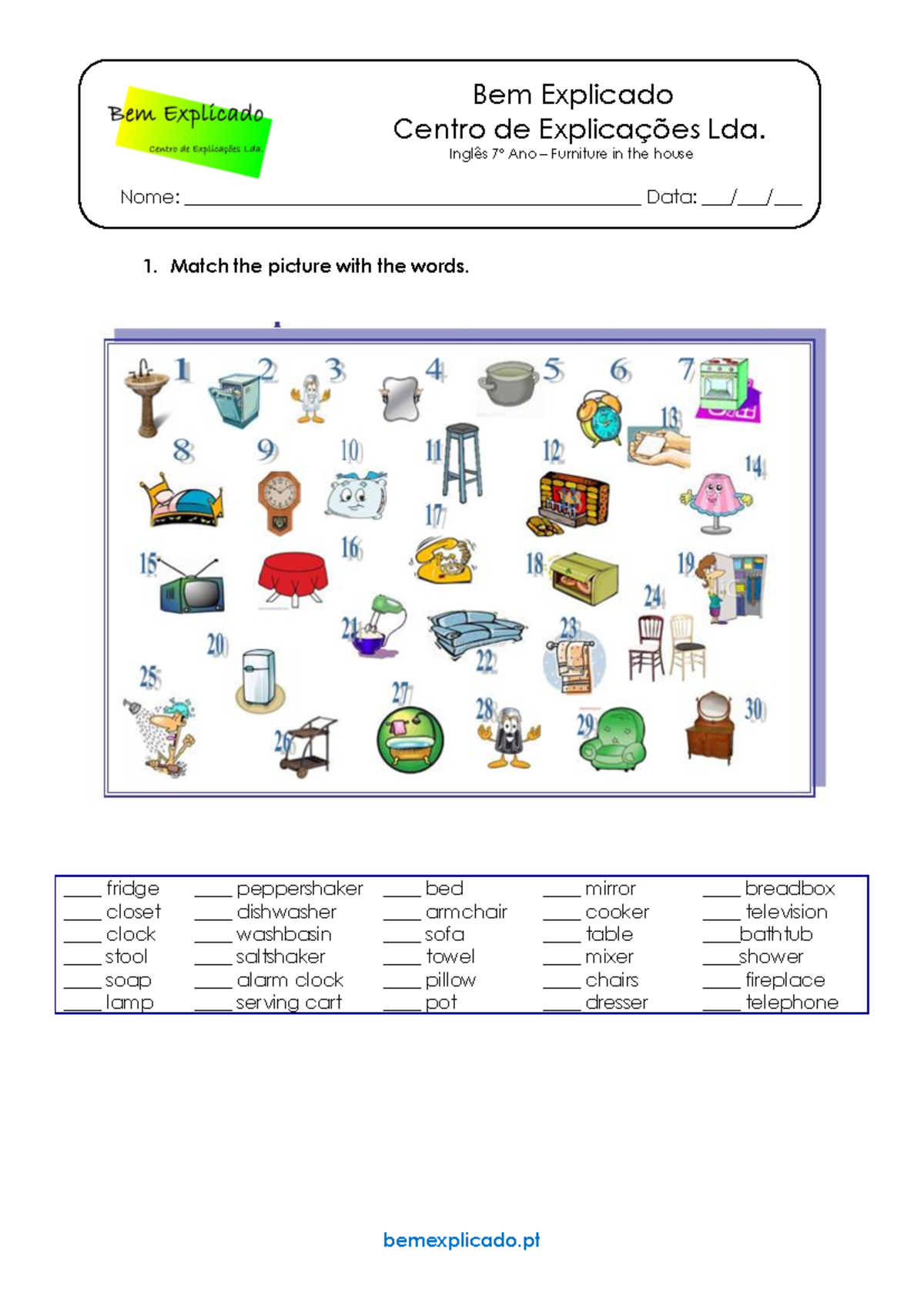 4.2 Ficha de Trabalho - Furniture in the house - bemexplicado Bem ...
