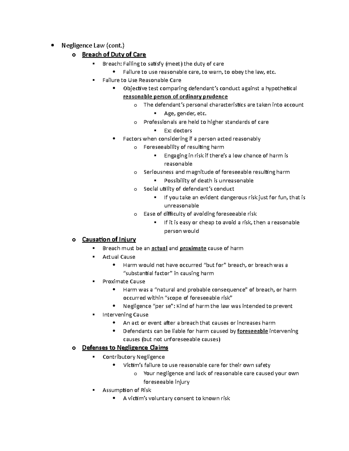 BUS-L 201 Notes (Negligence Law cont - Negligence Law (cont.) o Breach ...