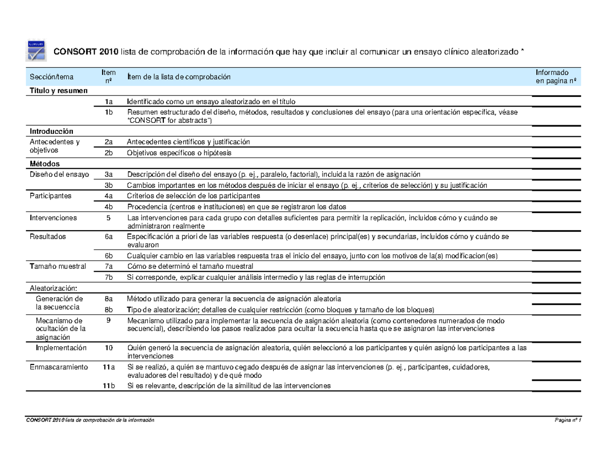 Spanish Consort Checklist CONSORT 2010 lista de comprobación de la información Pagina nº 1