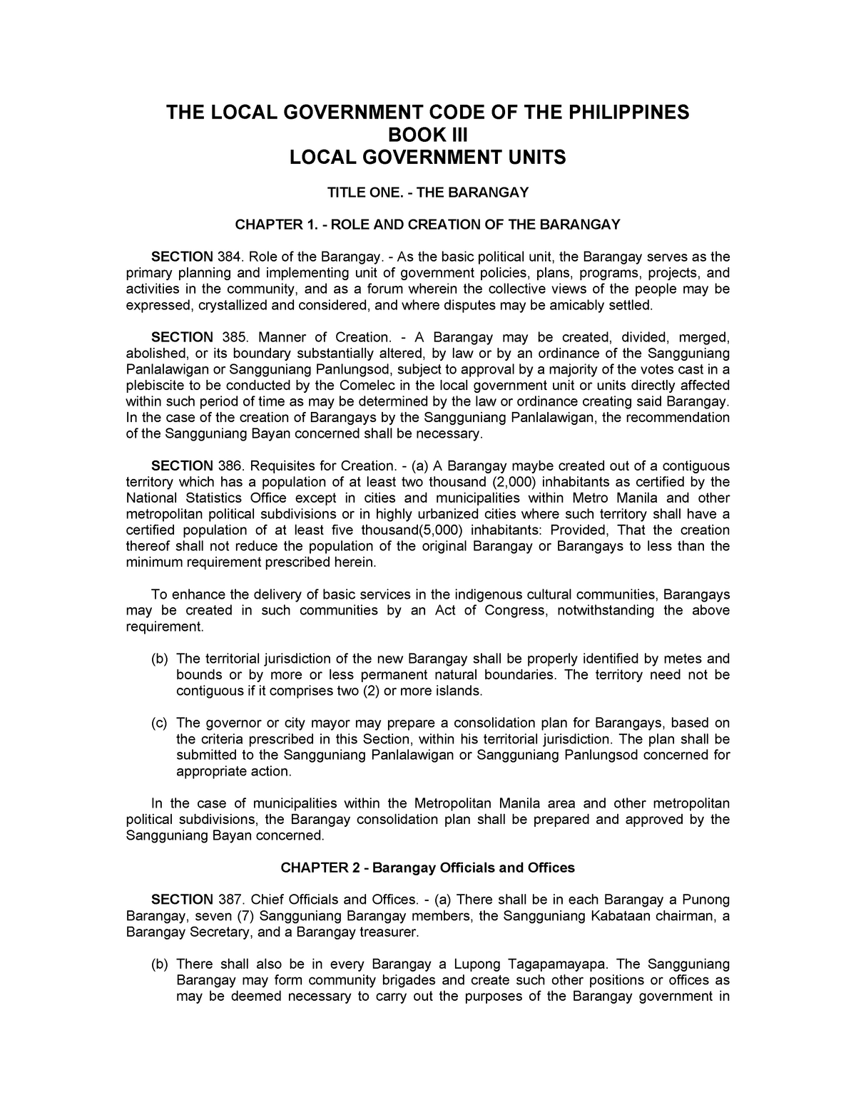 The Local Government Code Of The Philippines Book Iii Local Government Units  - The Barangay - Studocu