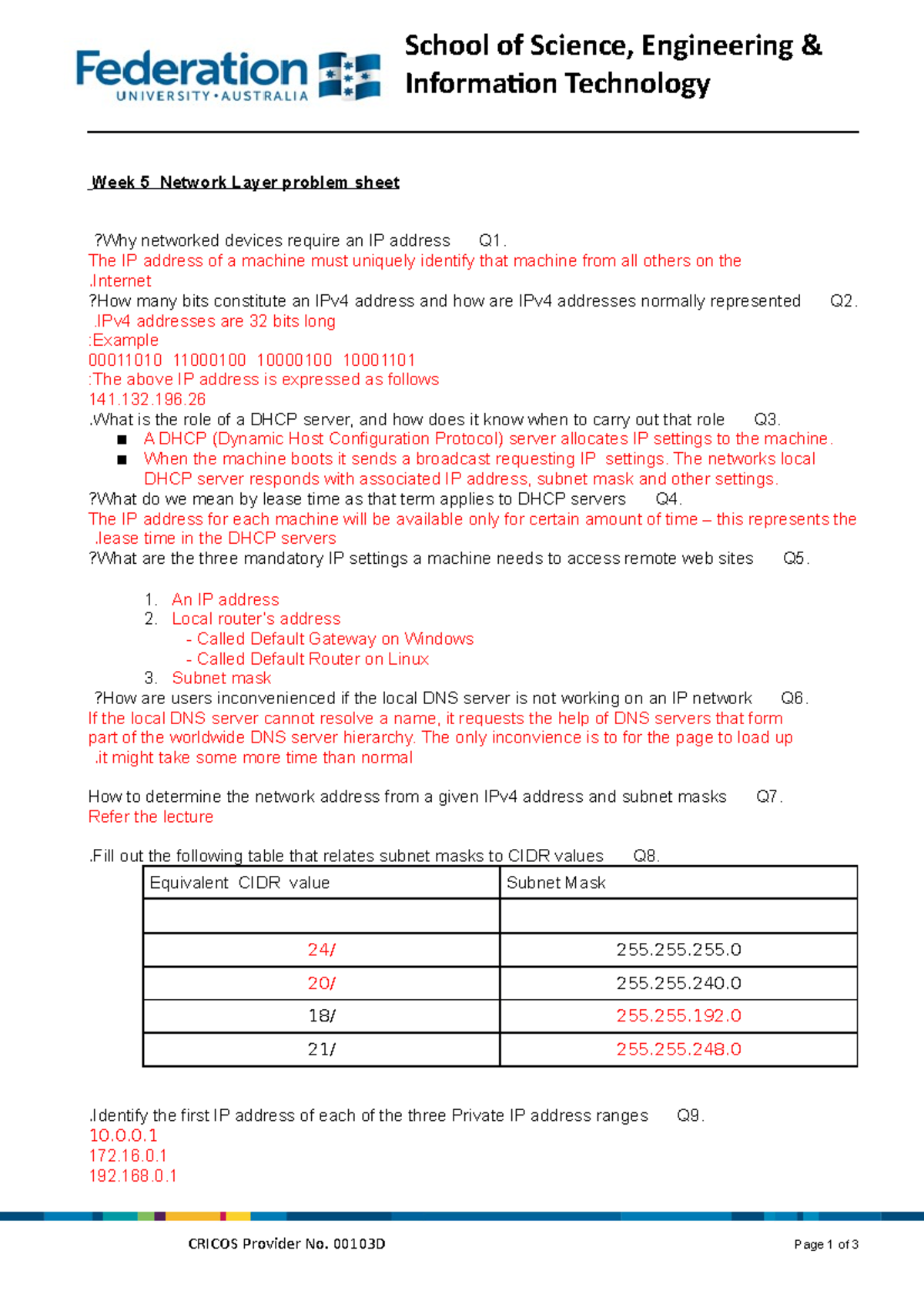 Week 5 - Problem Sheet Solution - Week 5 Network Layer problem sheet ...