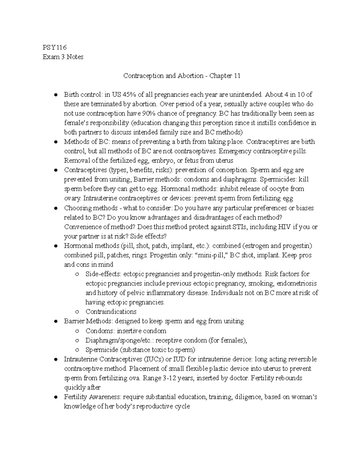 Human Sexuality-Chapter 11 Notes - PSY Exam 3 Notes Contraception and ...