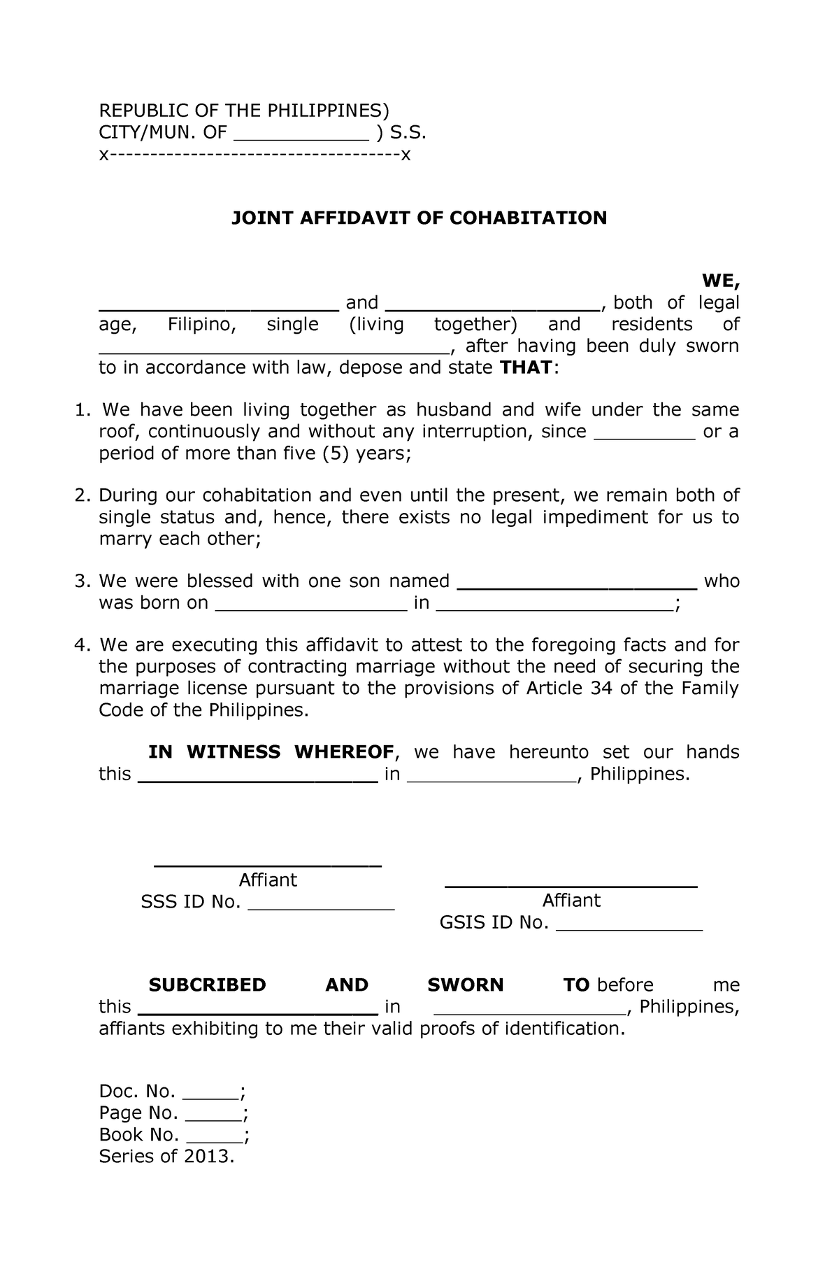 Joint Affidavit Of Cohabitation Docx Republic Of The 4702