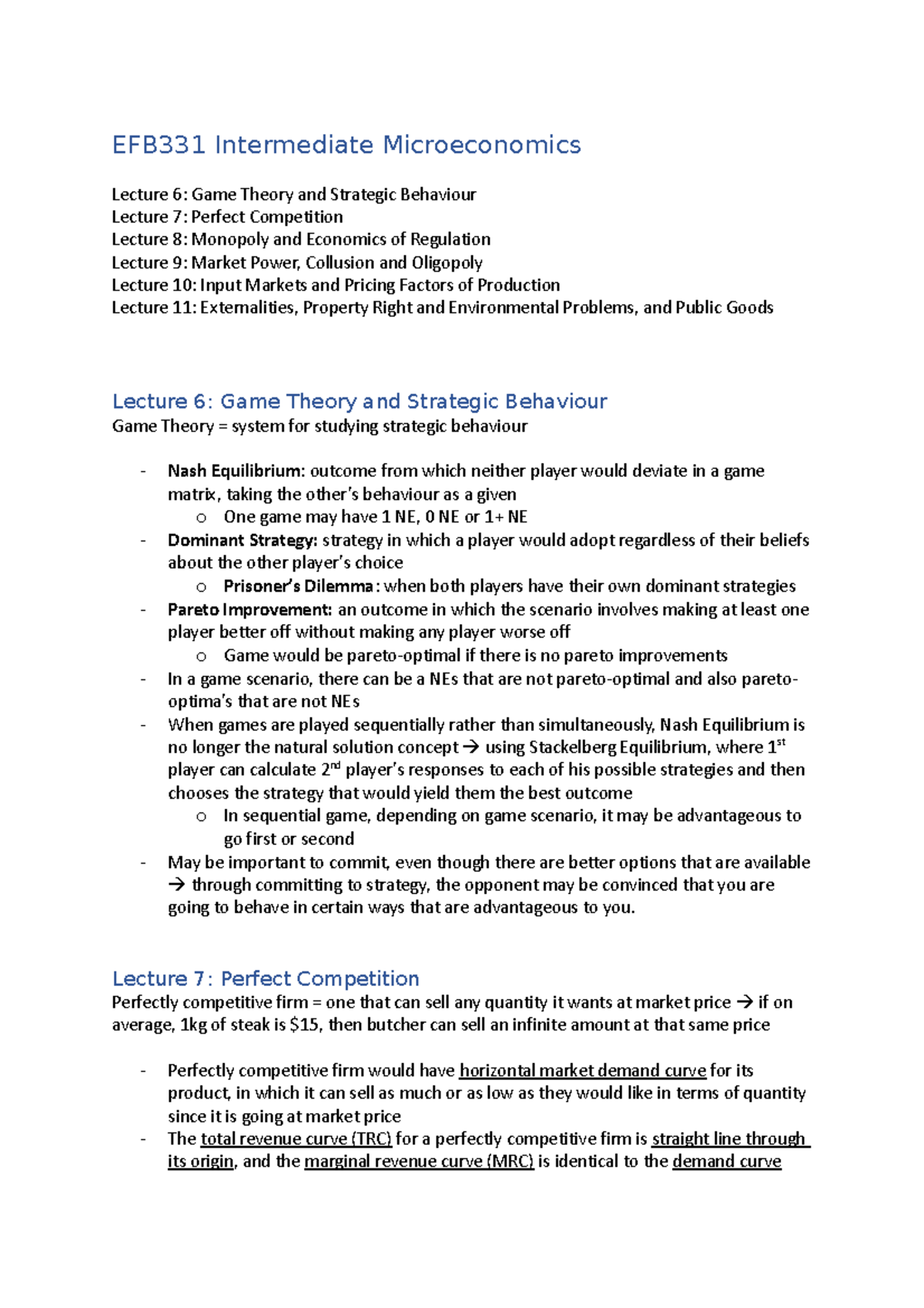 My notes - Final exam preparation - EFB331 Intermediate Microeconomics ...