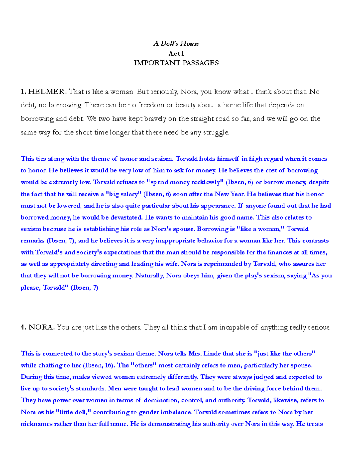 A Dolls House Act 1 1 A Doll’s House Act 1 IMPORTANT PASSAGES 1. HELMER is like a woman! But